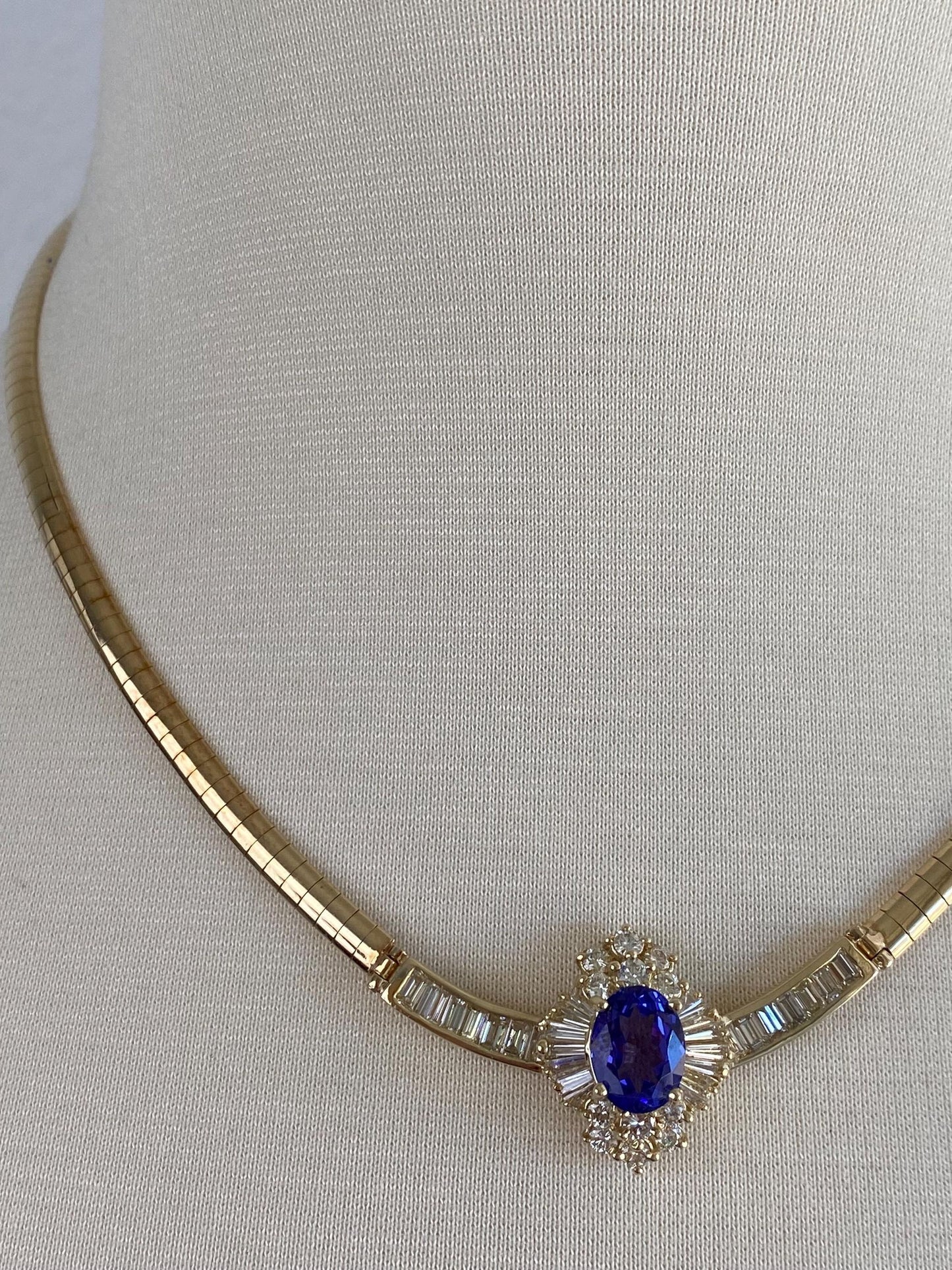 Vintage Solid 14k Yellow Gold Iolite Diamond Omega Chain Necklace - 18 inches