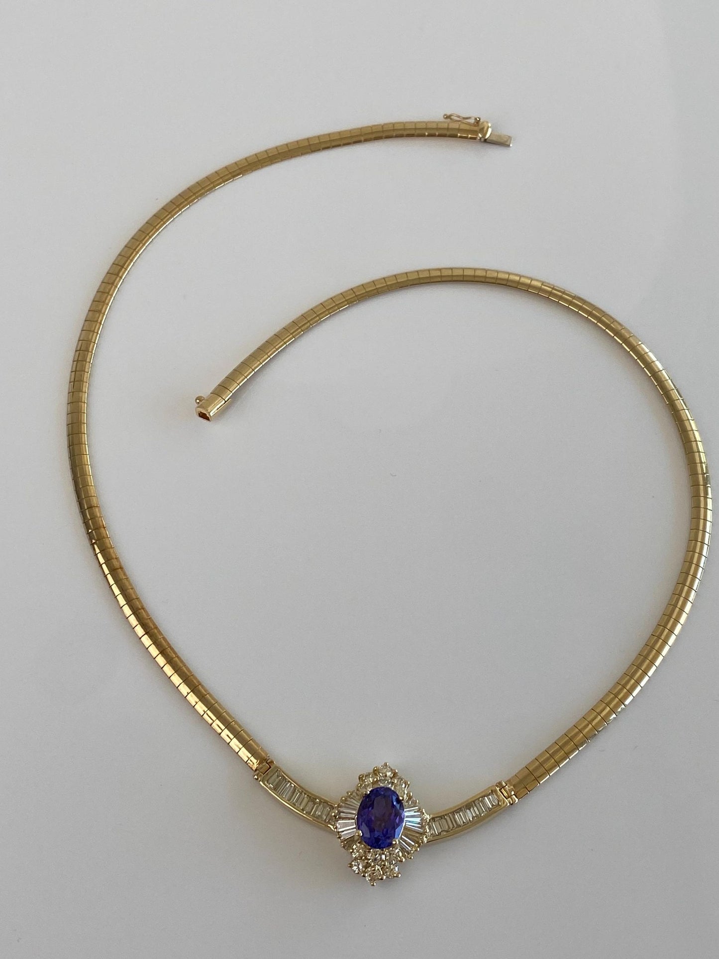Vintage Solid 14k Yellow Gold Iolite Diamond Omega Chain Necklace - 18 inches