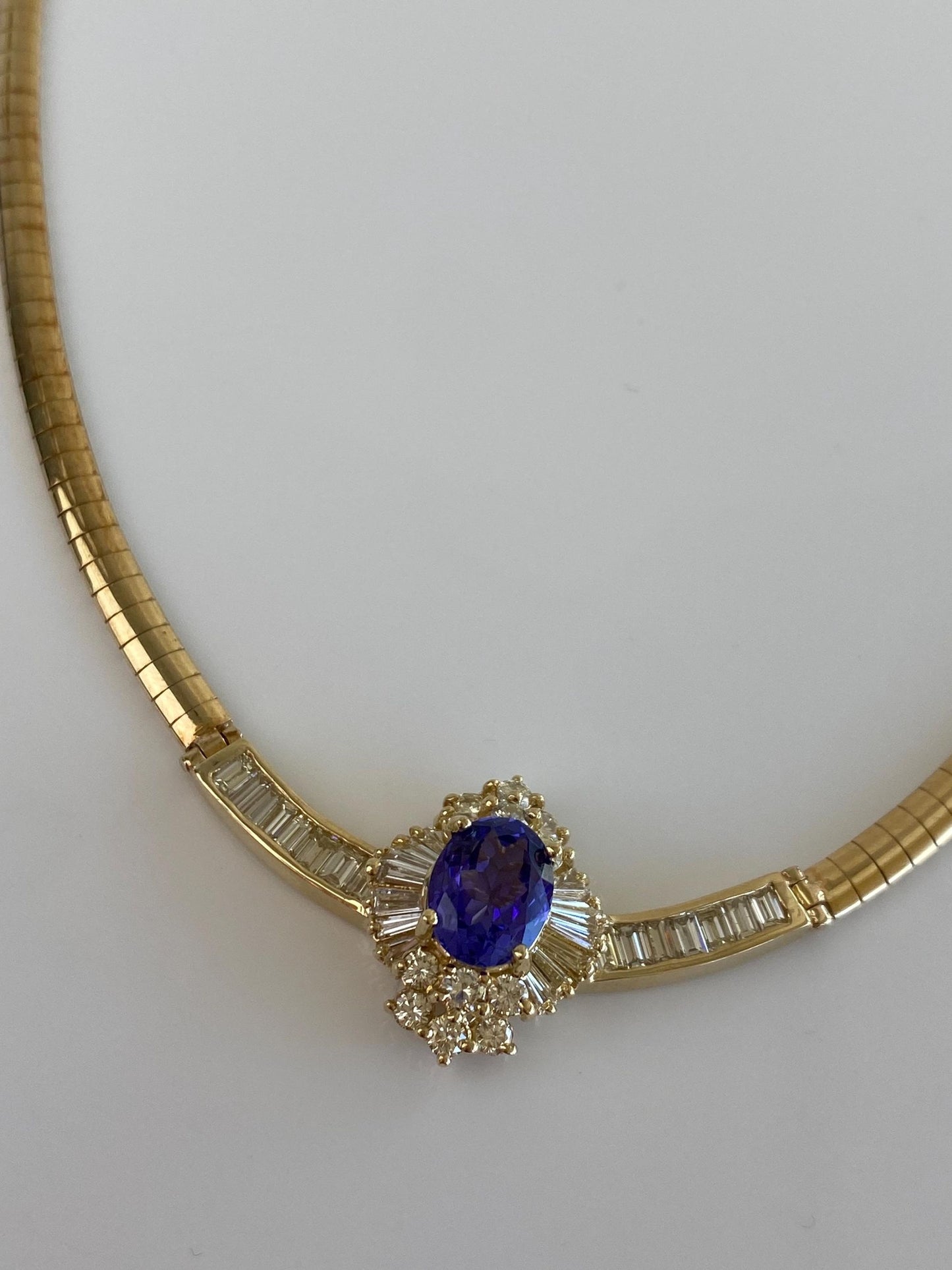 Vintage Solid 14k Yellow Gold Iolite Diamond Omega Chain Necklace - 18 inches