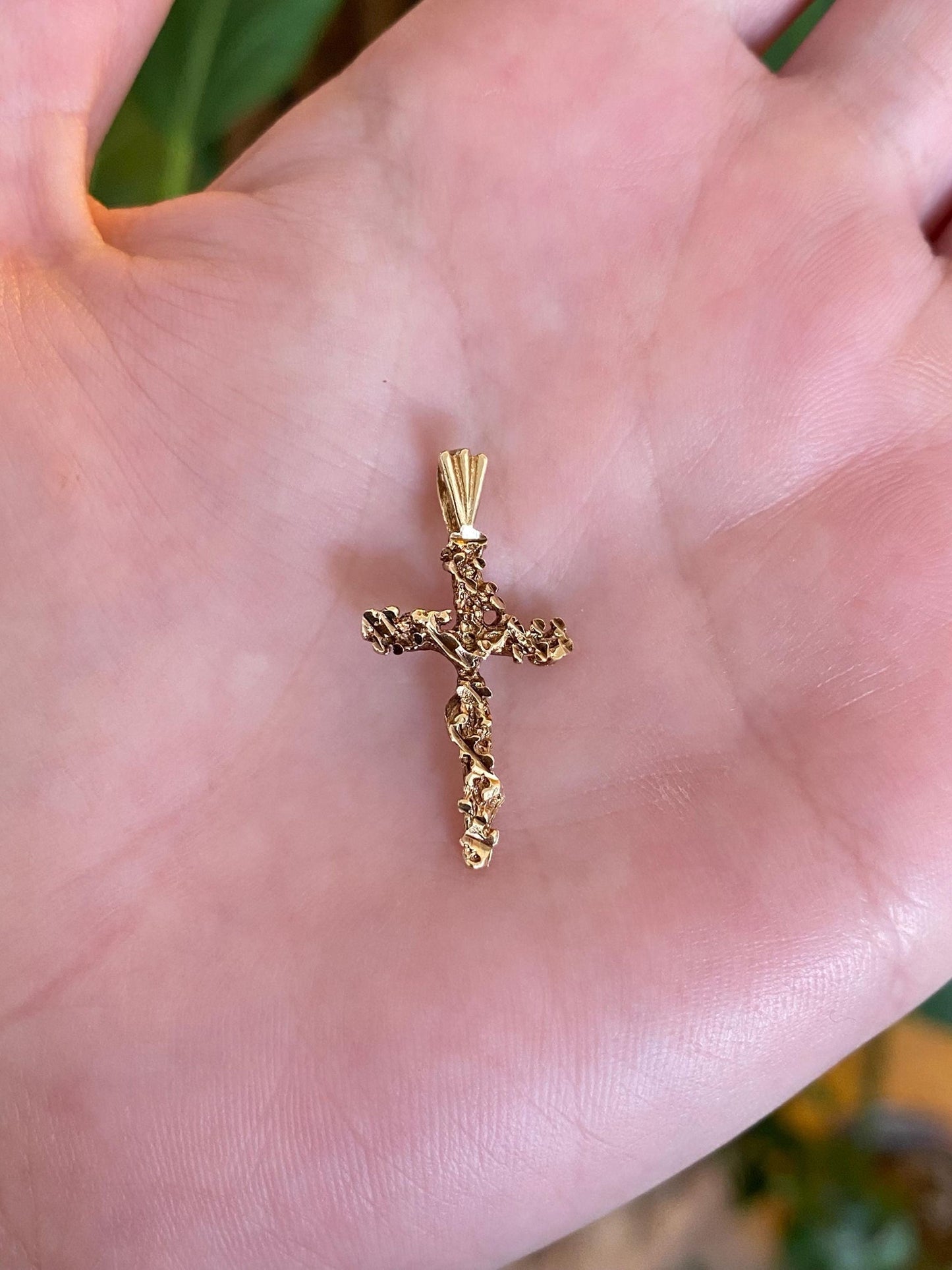Vintage Solid 14k Yellow Gold Diamond Cut Nugget Cross Charm