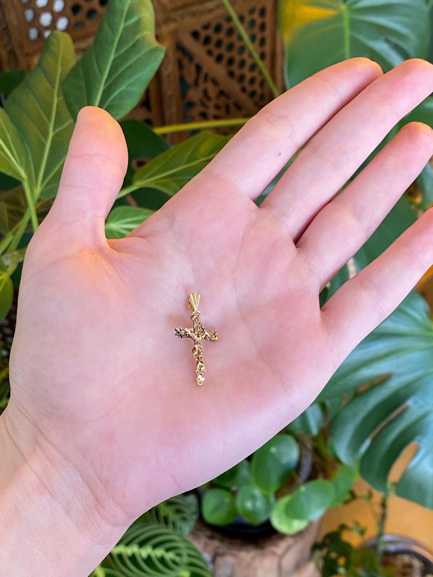 Vintage Solid 14k Yellow Gold Diamond Cut Nugget Cross Charm