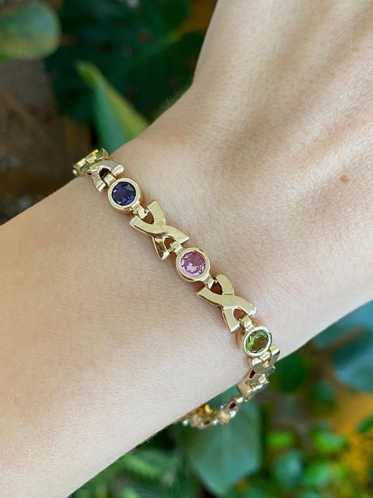 Solid 14k Yellow Gold Colored Sapphire & Spinel and Topaz X Link Bracelet - 7.5 inches
