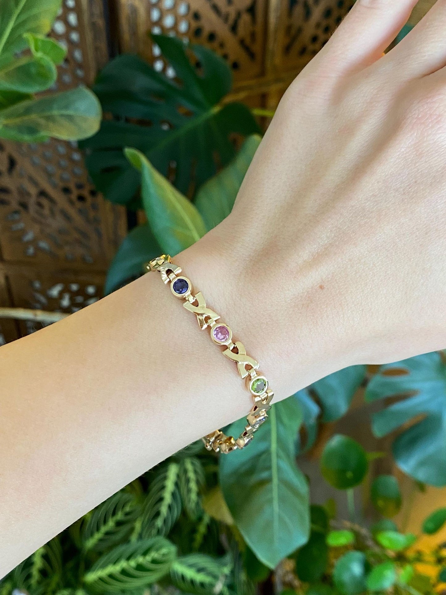 Solid 14k Yellow Gold Colored Sapphire & Spinel and Topaz X Link Bracelet - 7.5 inches