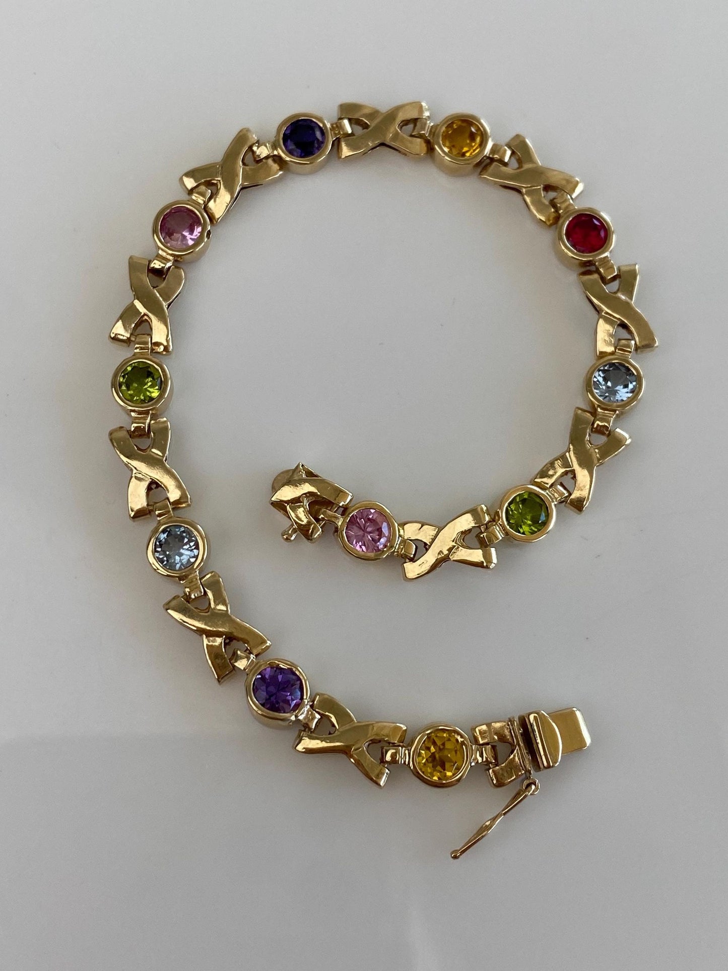 Solid 14k Yellow Gold Colored Sapphire & Spinel and Topaz X Link Bracelet - 7.5 inches