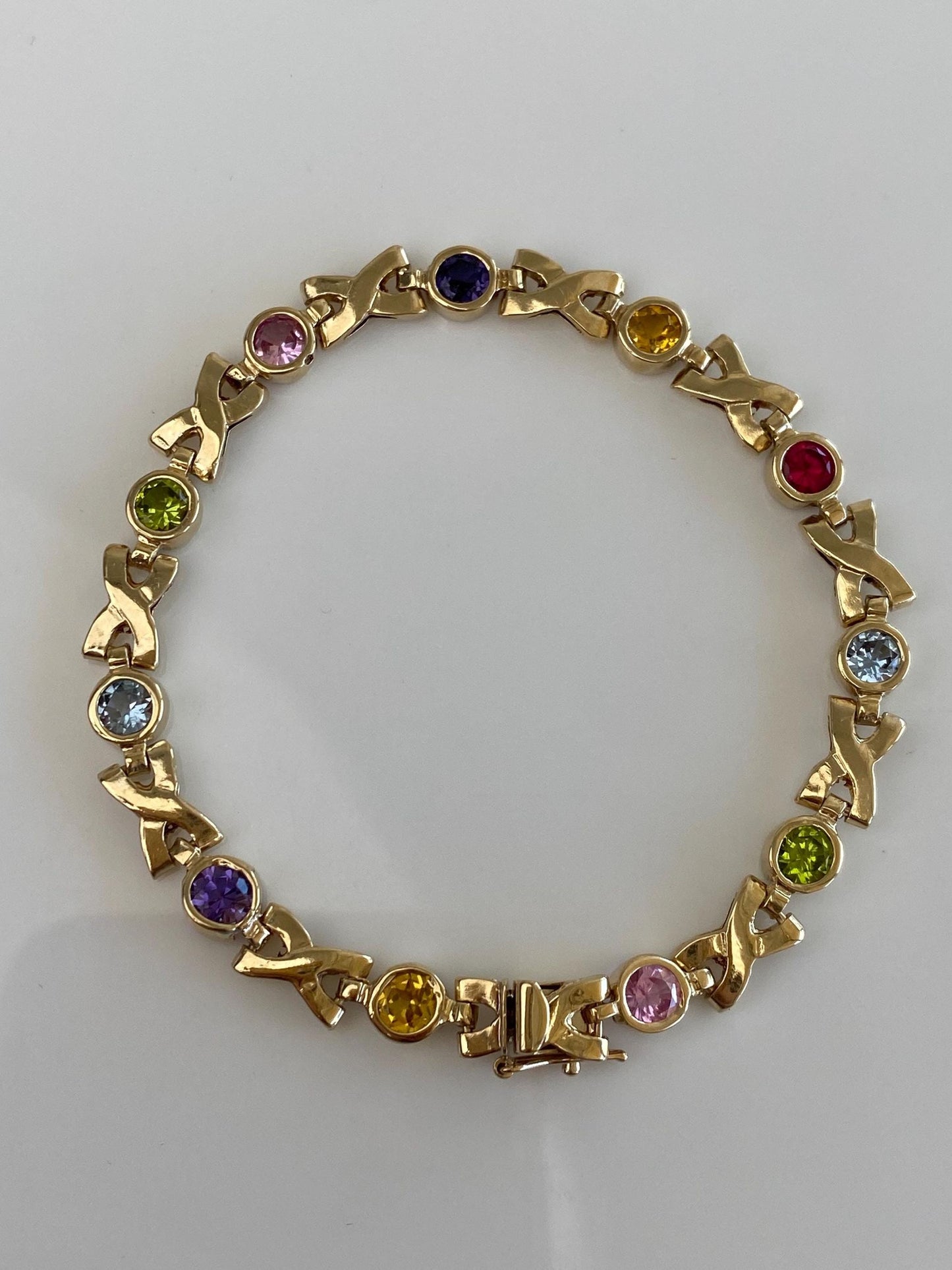 Solid 14k Yellow Gold Colored Sapphire & Spinel and Topaz X Link Bracelet - 7.5 inches
