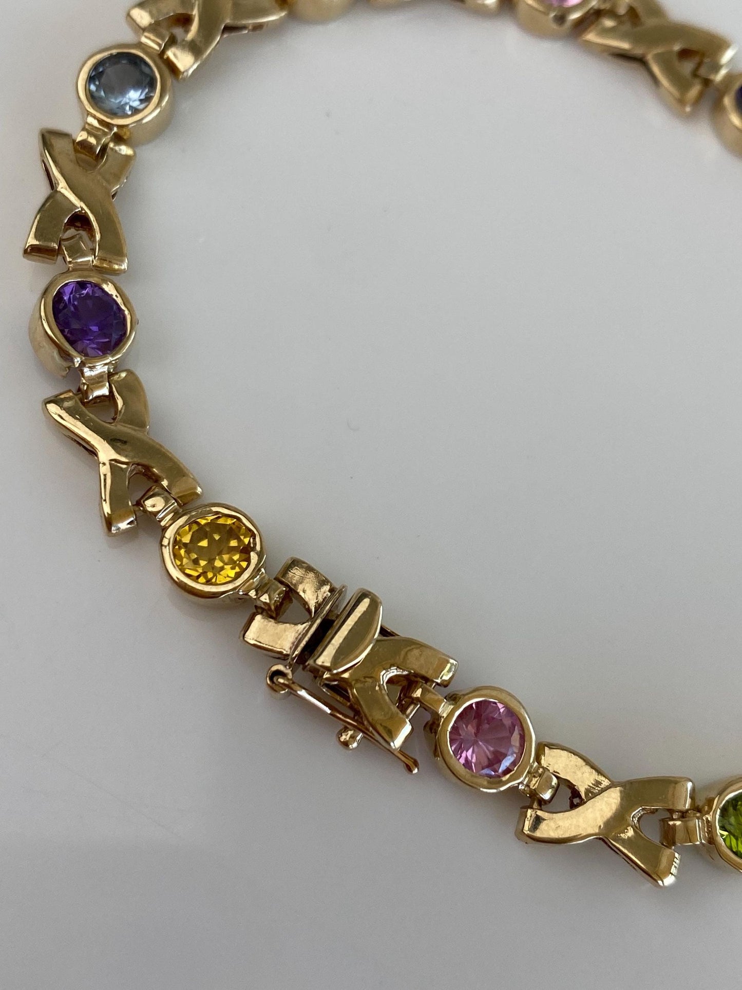 Solid 14k Yellow Gold Colored Sapphire & Spinel and Topaz X Link Bracelet - 7.5 inches