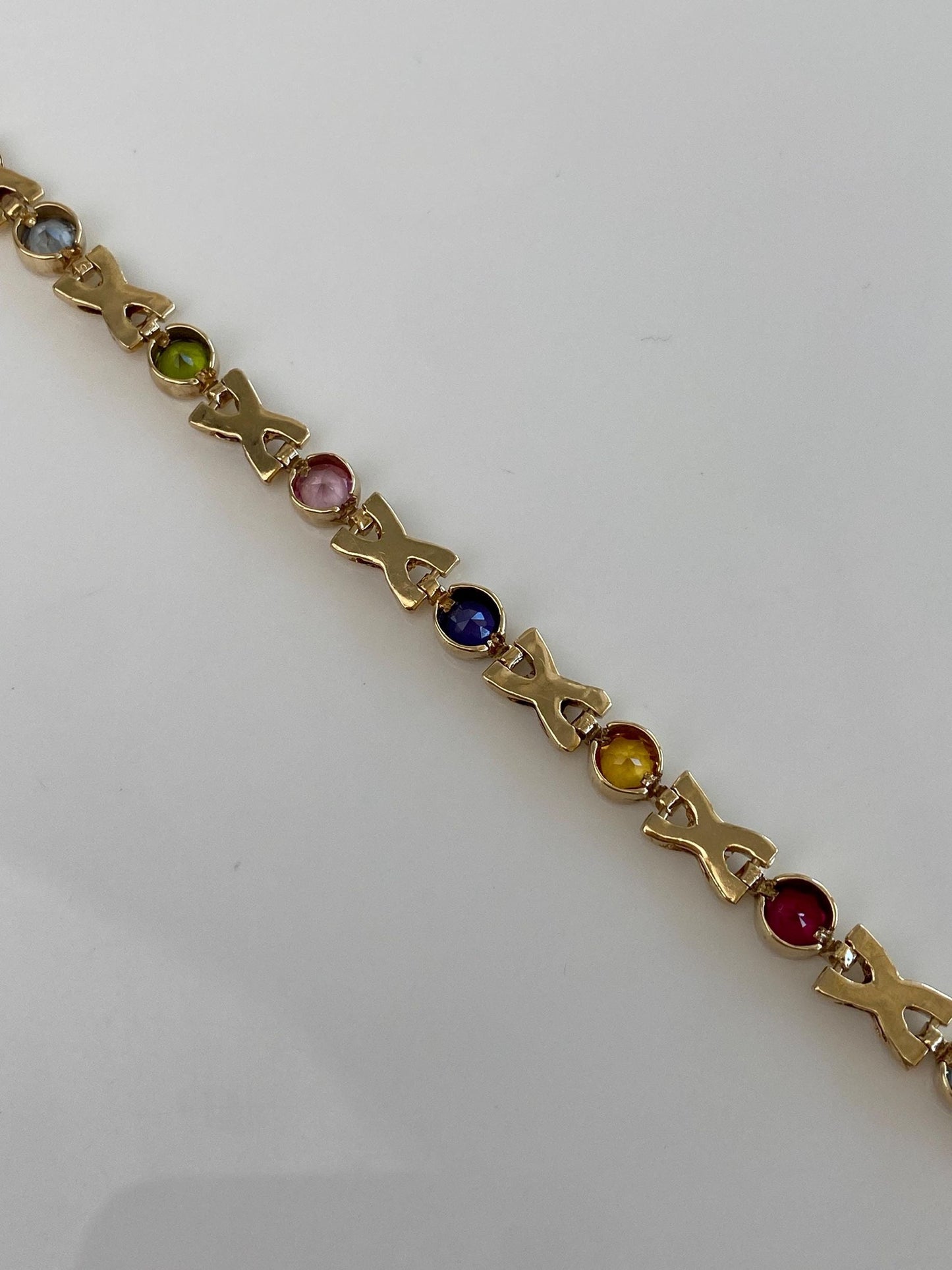 Solid 14k Yellow Gold Colored Sapphire & Spinel and Topaz X Link Bracelet - 7.5 inches