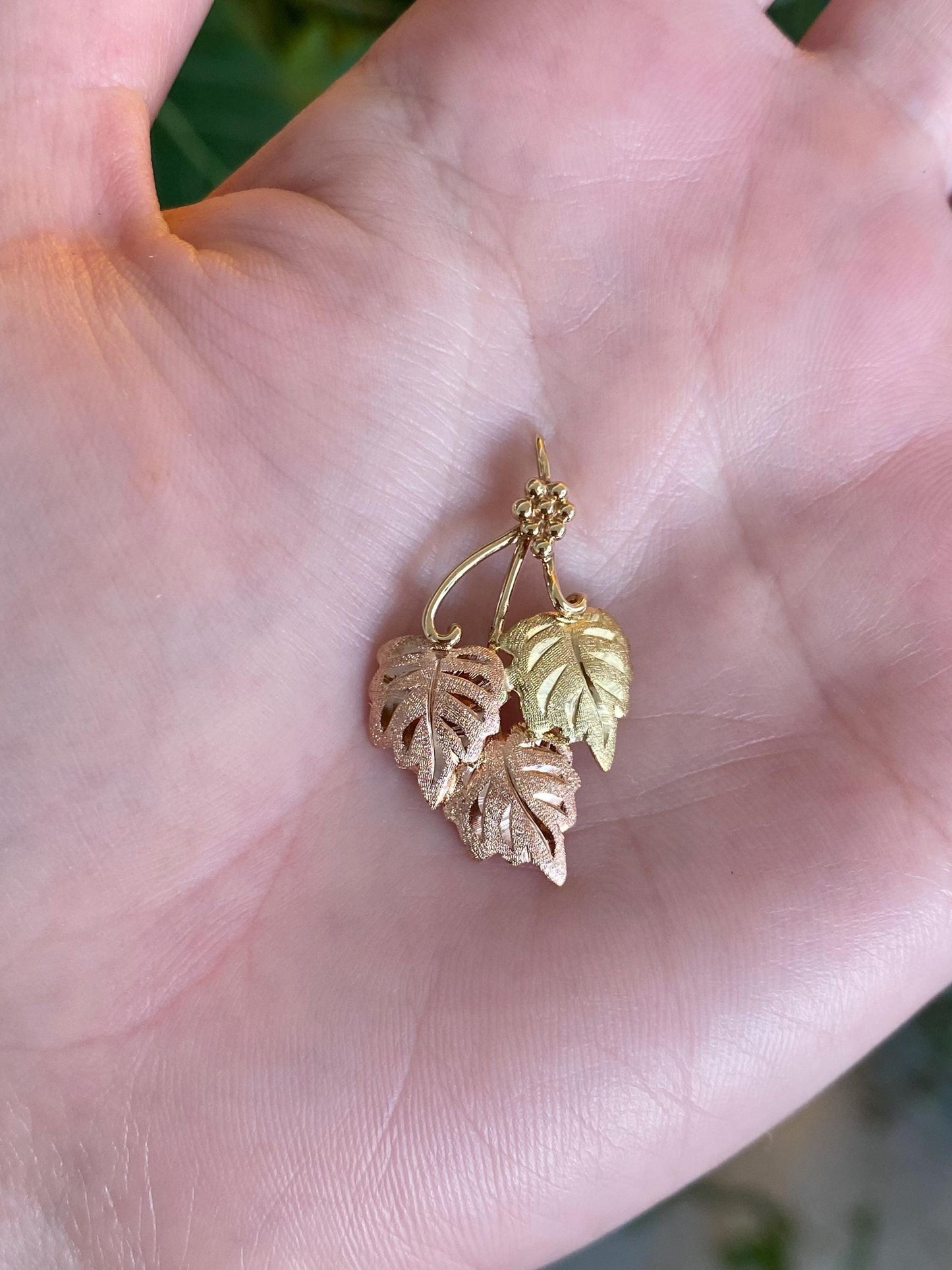 Vintage Solid 14k Tri Tone Gold Grape Leaves Charm