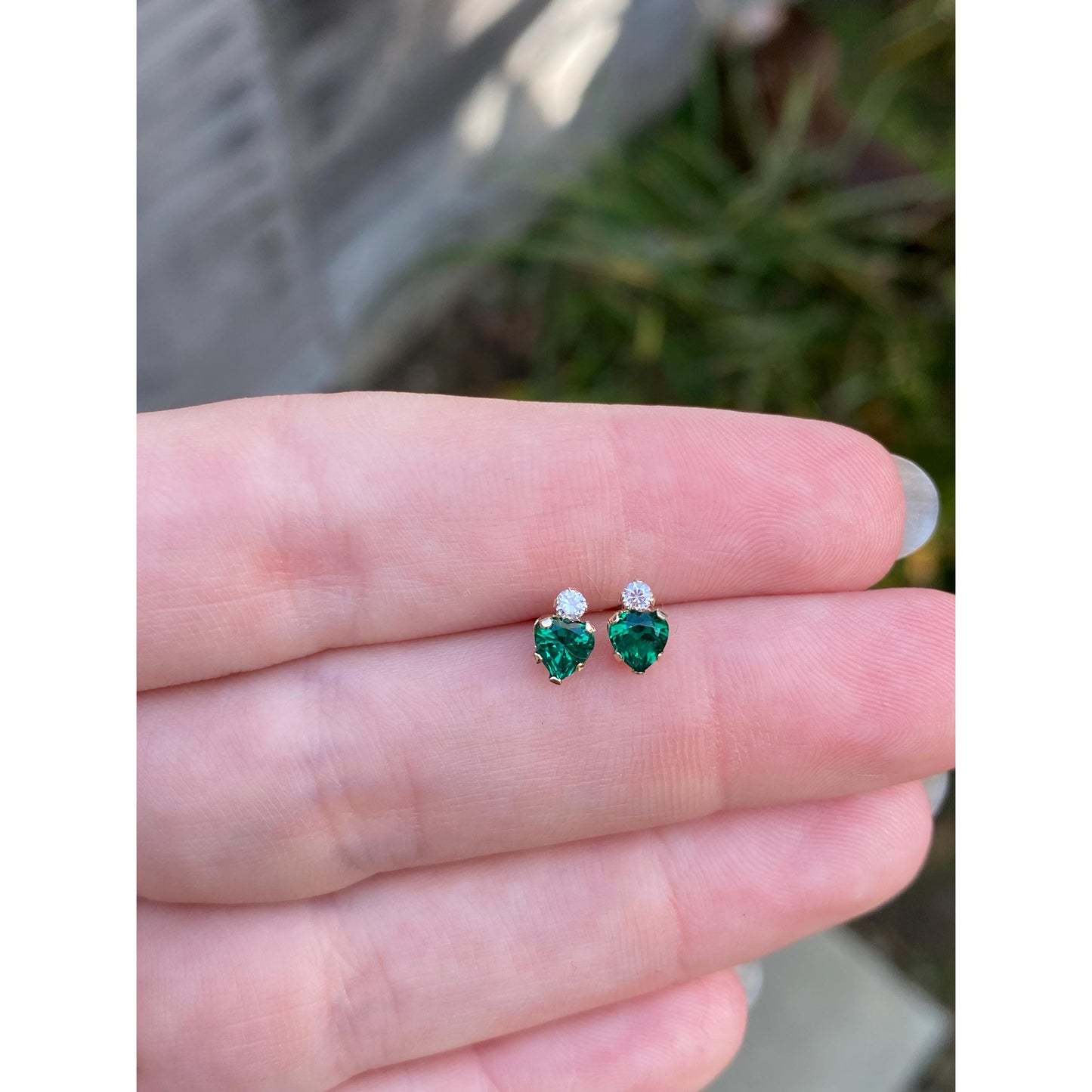 Vintage Solid 10k Yellow Gold Green & Clear Cubic Zirconia Stud Earrings