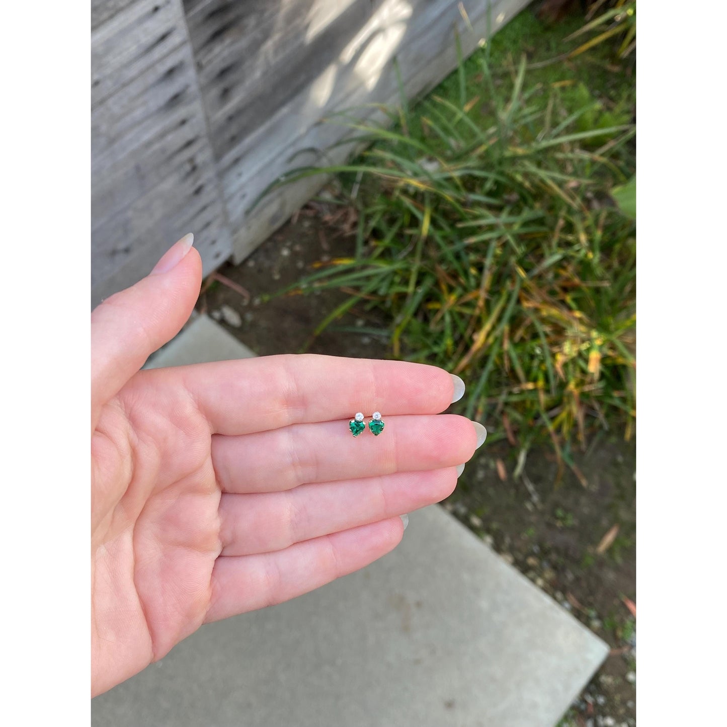 Vintage Solid 10k Yellow Gold Green & Clear Cubic Zirconia Stud Earrings