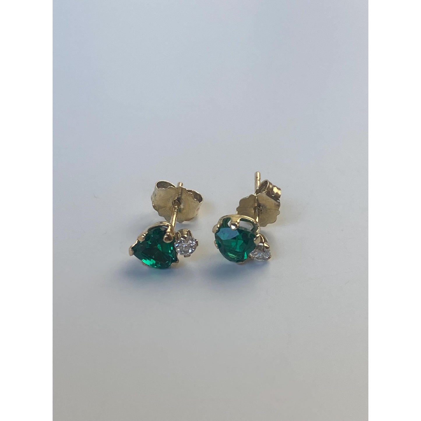 Vintage Solid 10k Yellow Gold Green & Clear Cubic Zirconia Stud Earrings