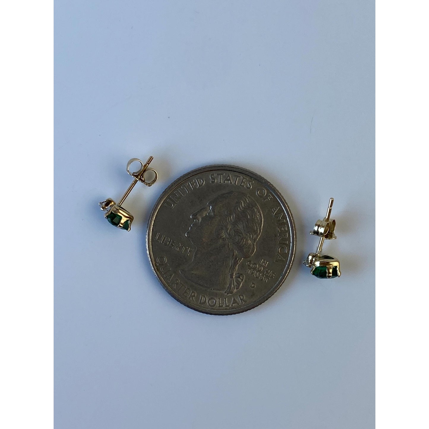 Vintage Solid 10k Yellow Gold Green & Clear Cubic Zirconia Stud Earrings