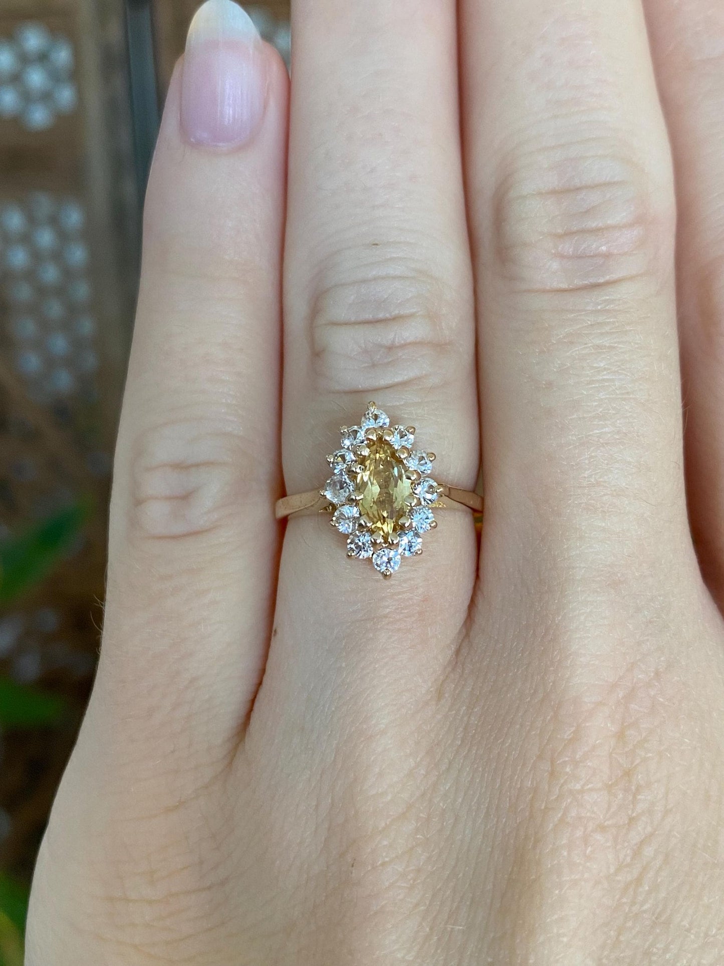 Vintage Solid 14k Yellow Gold Clear Quartz Halo Yellow Sapphire Marquis Ring - Size 5