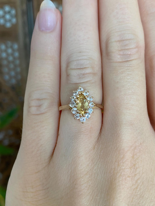 Vintage Solid 14k Yellow Gold Clear Quartz Halo Yellow Sapphire Marquis Ring - Size 5