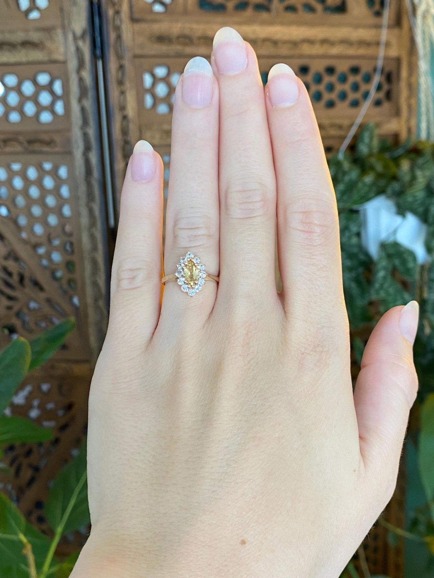 Vintage Solid 14k Yellow Gold Clear Quartz Halo Yellow Sapphire Marquis Ring - Size 5