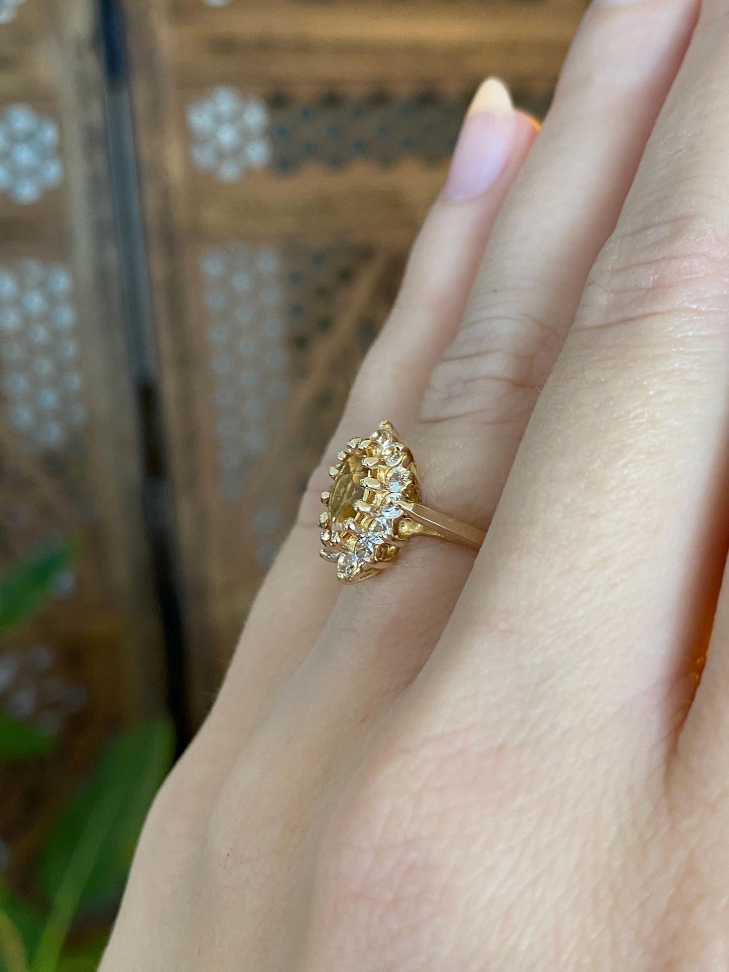 Vintage Solid 14k Yellow Gold Clear Quartz Halo Yellow Sapphire Marquis Ring - Size 5