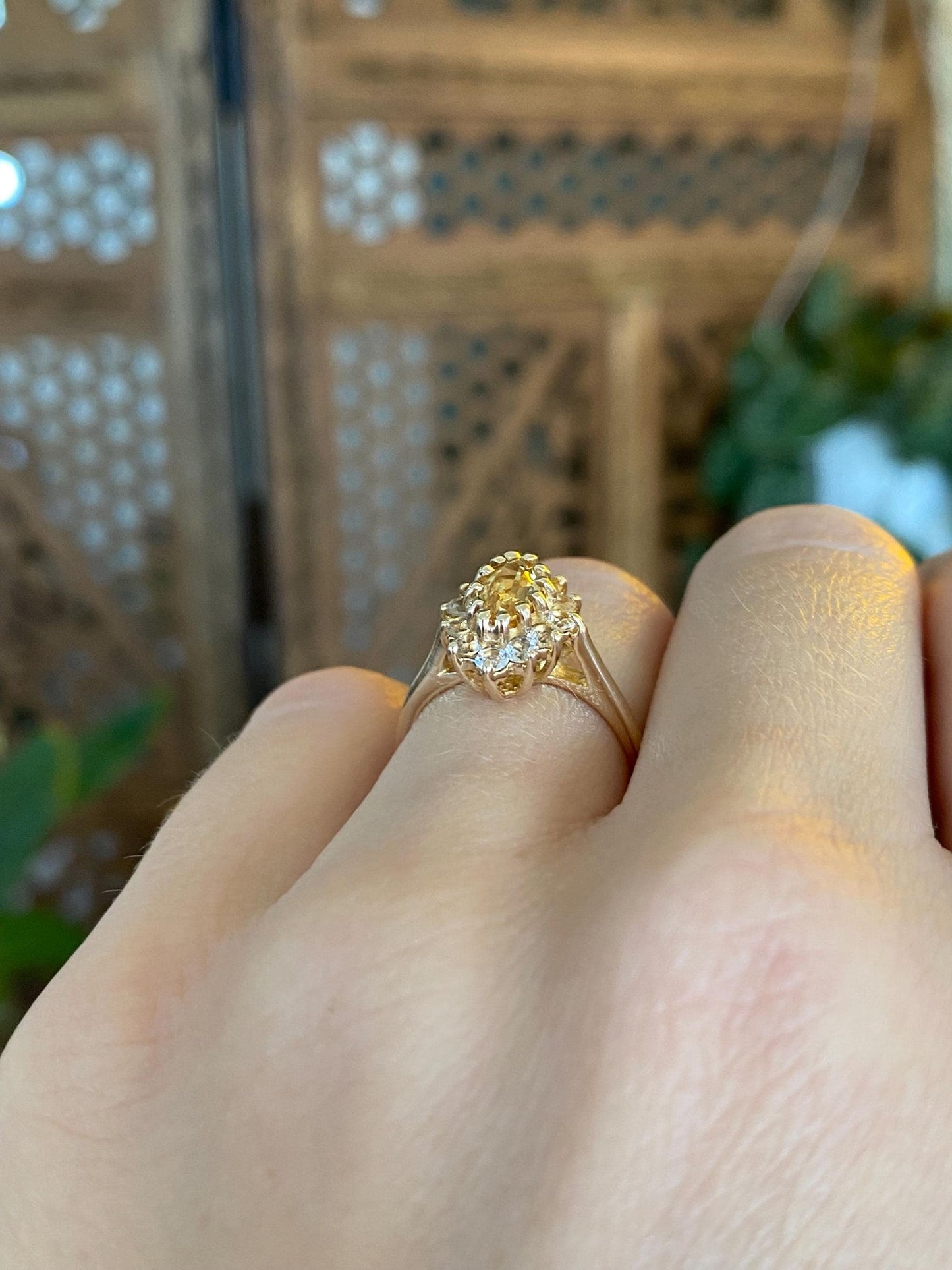Vintage Solid 14k Yellow Gold Clear Quartz Halo Yellow Sapphire Marquis Ring - Size 5
