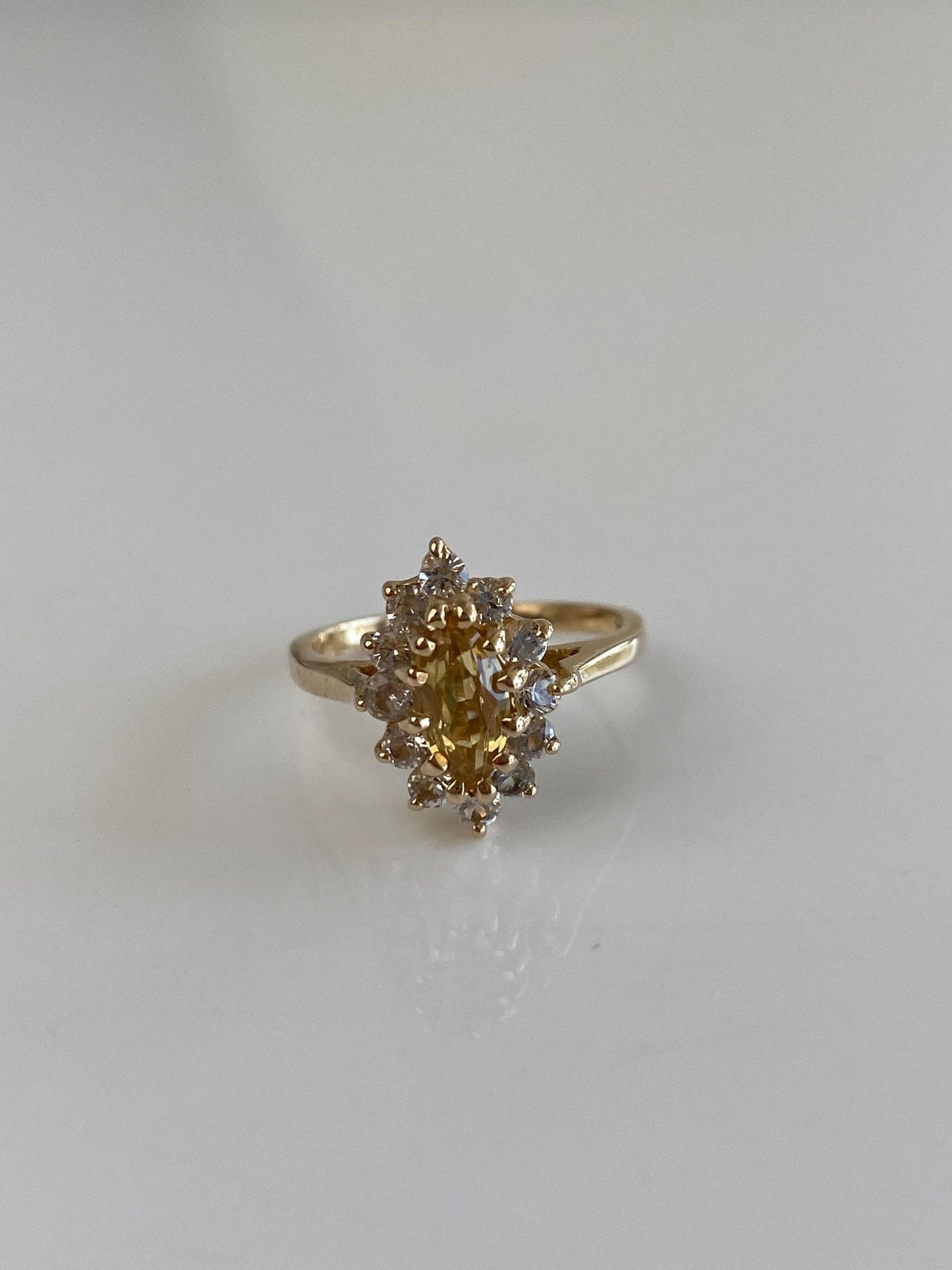 Vintage Solid 14k Yellow Gold Clear Quartz Halo Yellow Sapphire Marquis Ring - Size 5