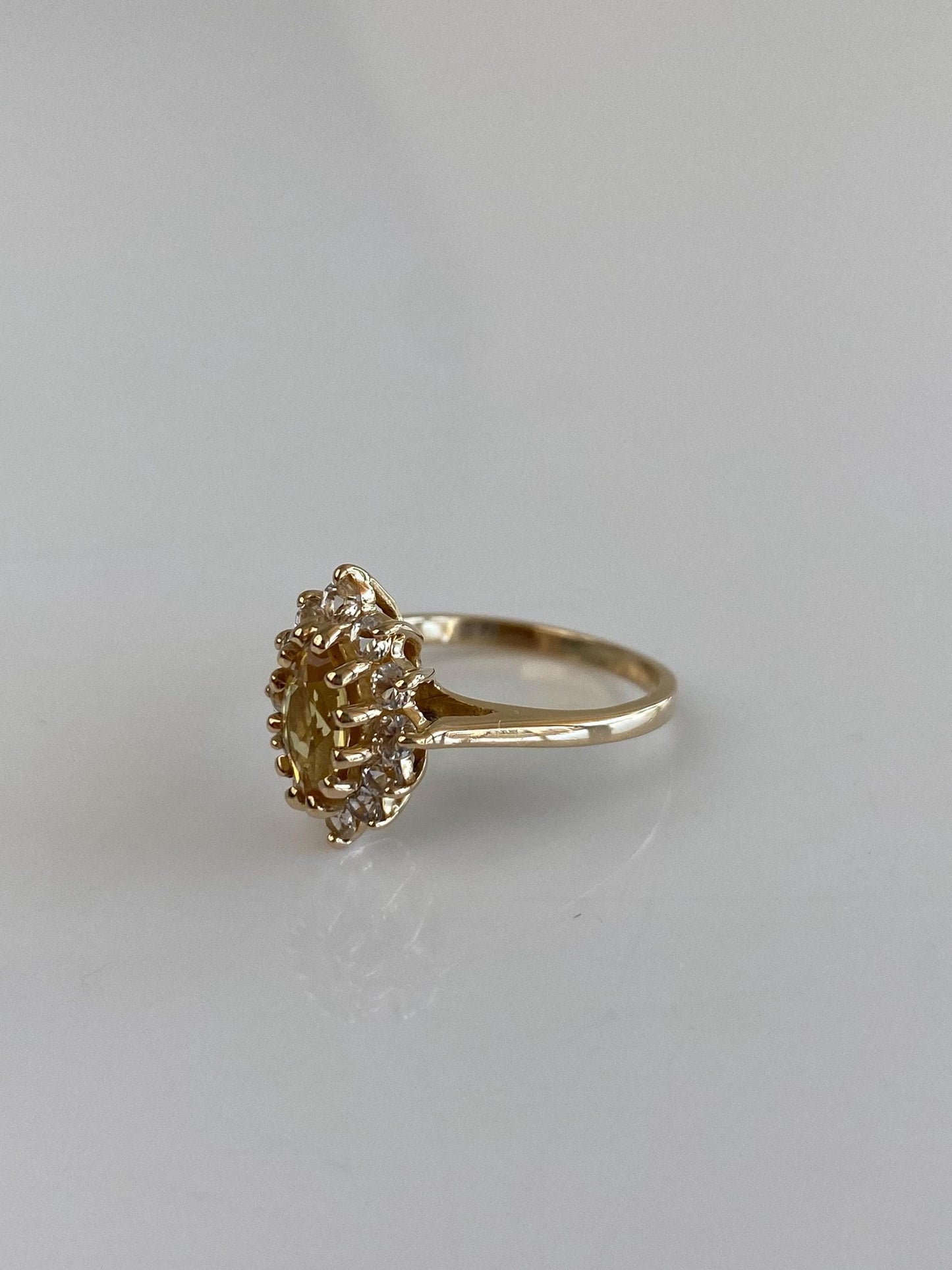 Vintage Solid 14k Yellow Gold Clear Quartz Halo Yellow Sapphire Marquis Ring - Size 5
