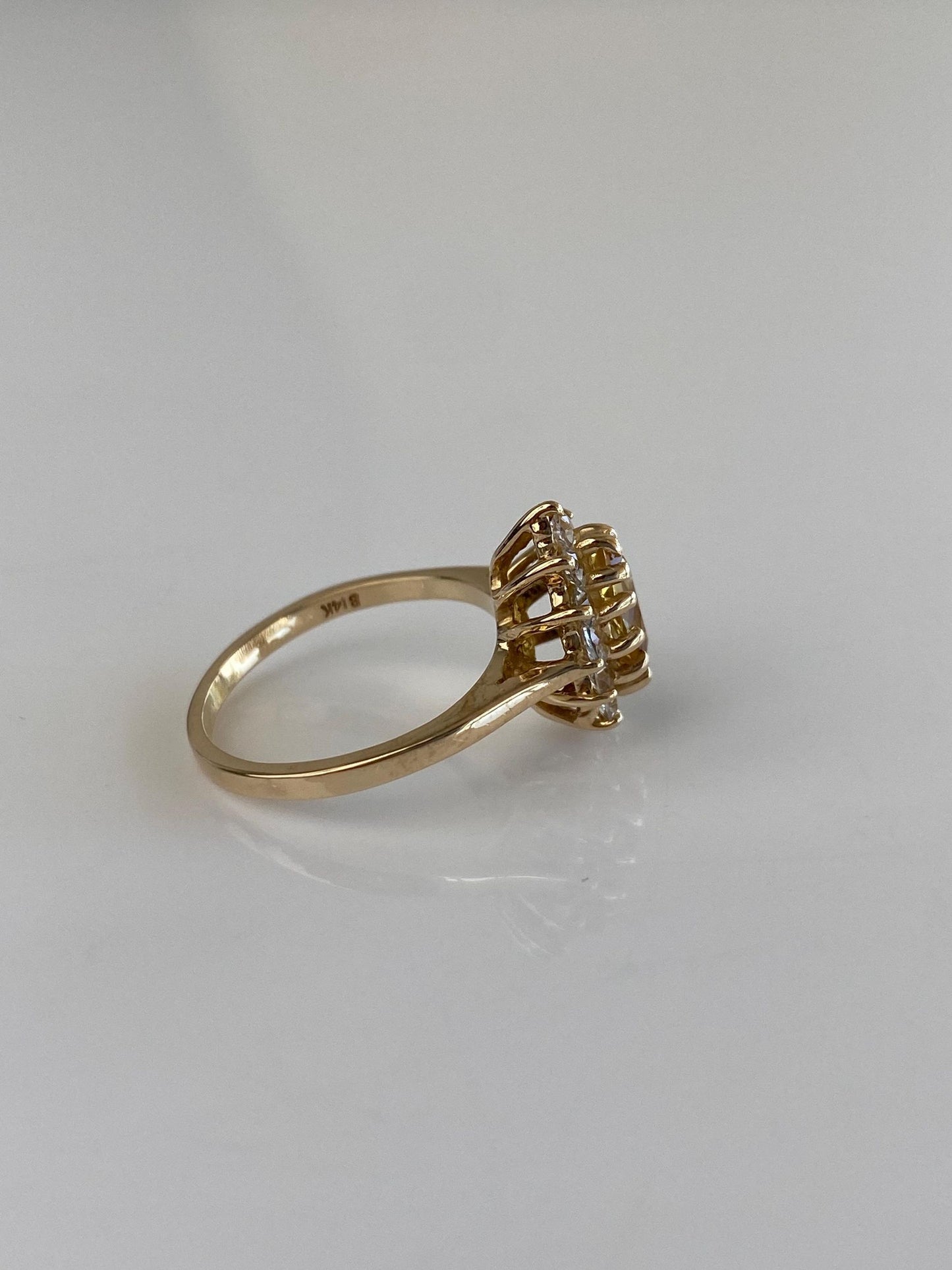 Vintage Solid 14k Yellow Gold Clear Quartz Halo Yellow Sapphire Marquis Ring - Size 5