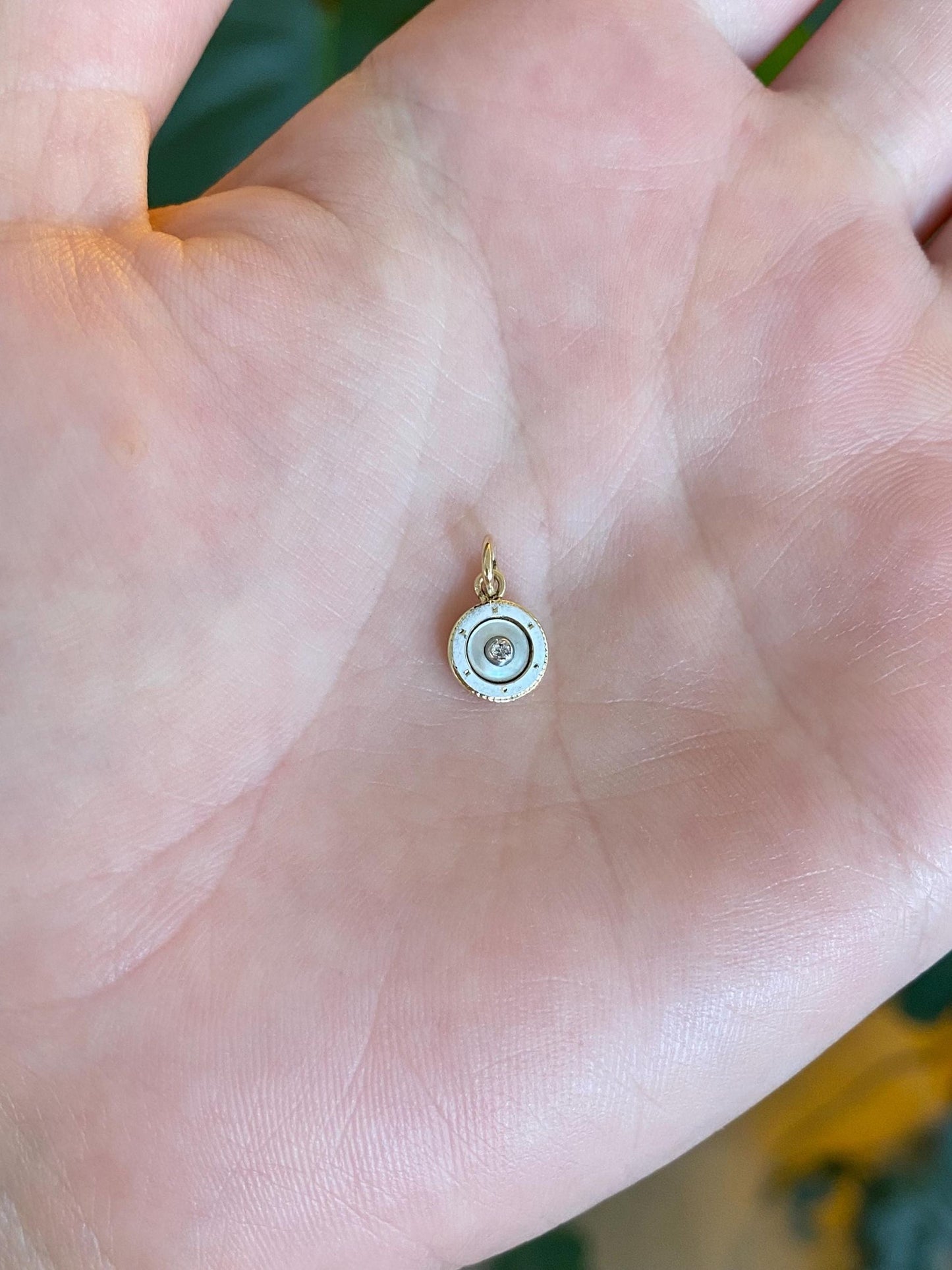 Vintage 14k White & Yellow Gold White Enamel Diamond Mother of Pearl Tie Tack Conversion Charm