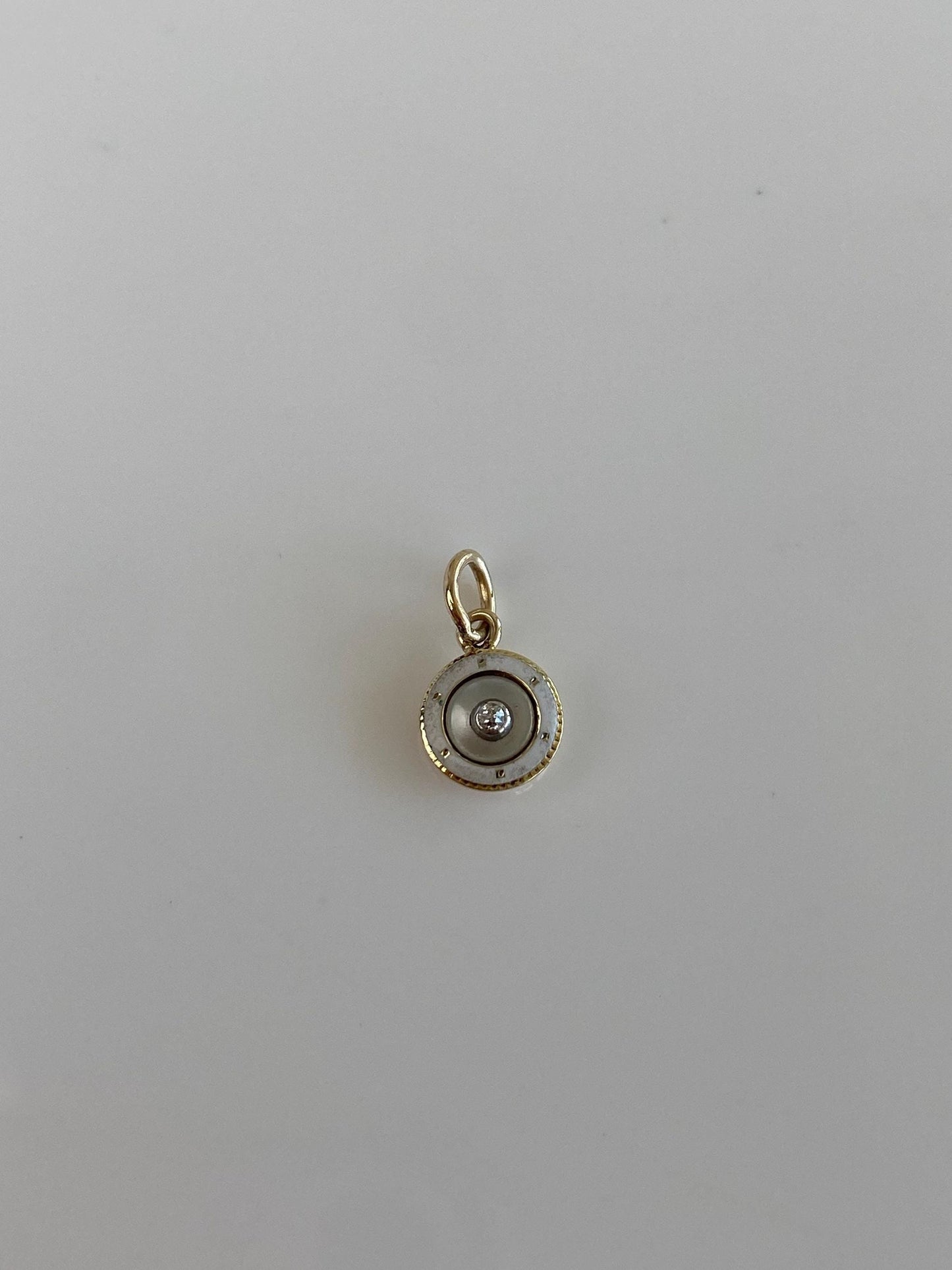 Vintage 14k White & Yellow Gold White Enamel Diamond Mother of Pearl Tie Tack Conversion Charm