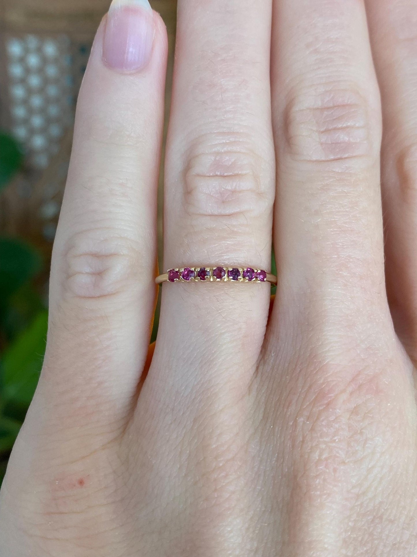 Vintage Solid 14k Yellow Gold Red Spinel Row Ring - Size 5