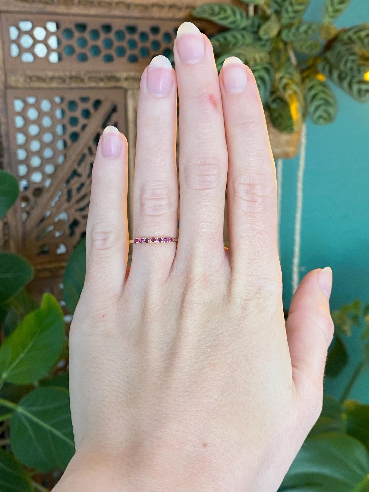 Vintage Solid 14k Yellow Gold Red Spinel Row Ring - Size 5