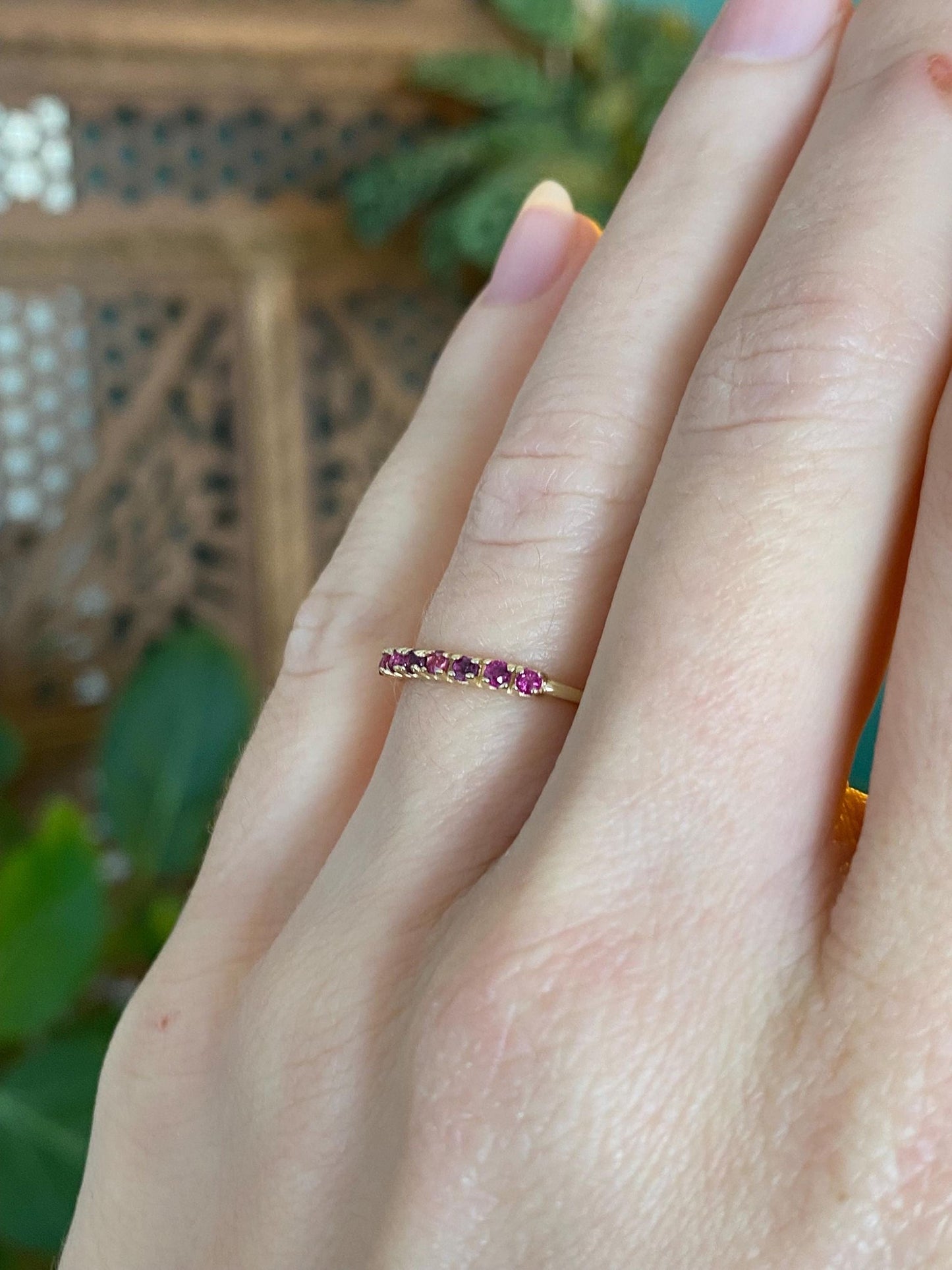 Vintage Solid 14k Yellow Gold Red Spinel Row Ring - Size 5