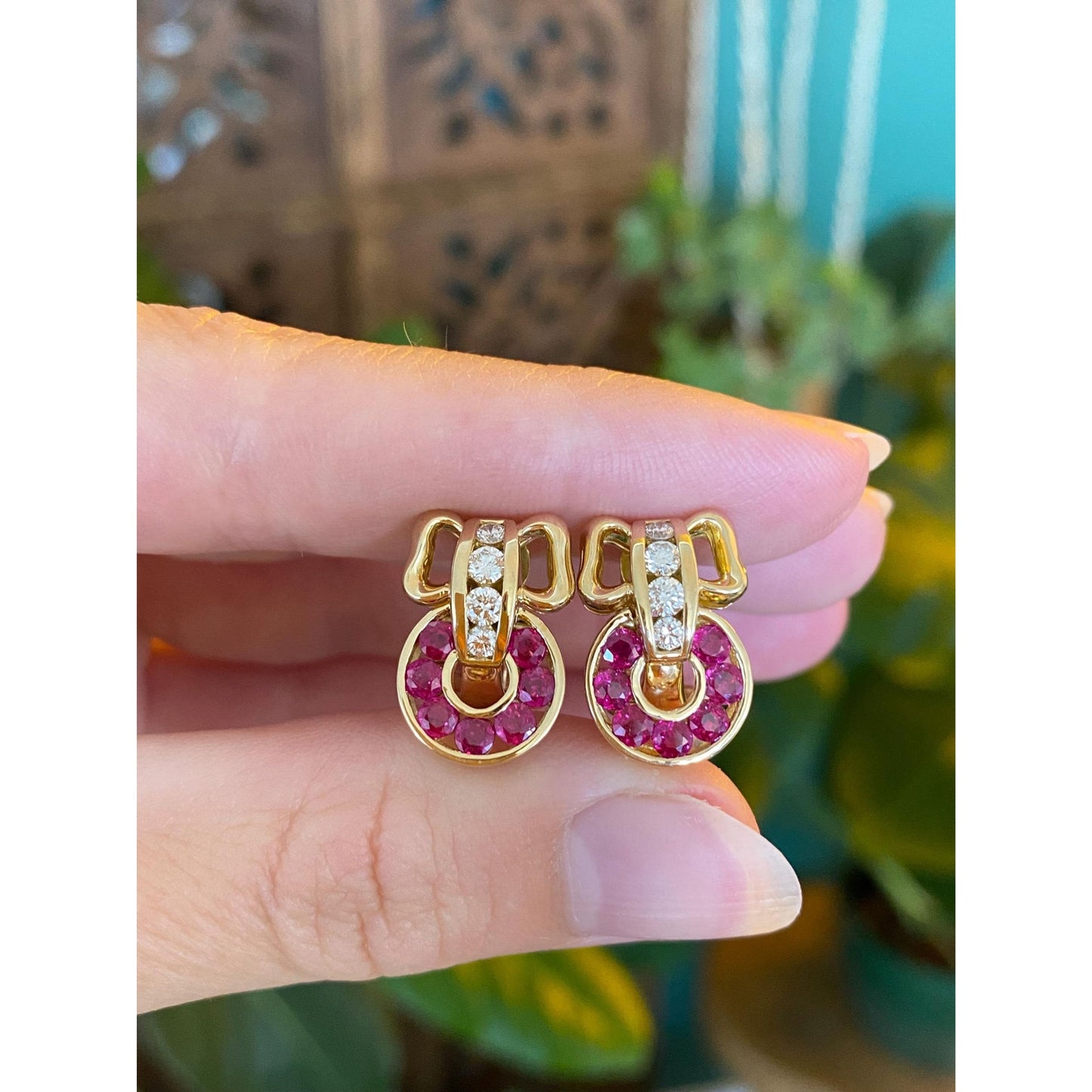 Solid 18k Yellow Gold Diamond Pink Sapphire Bow Earrings