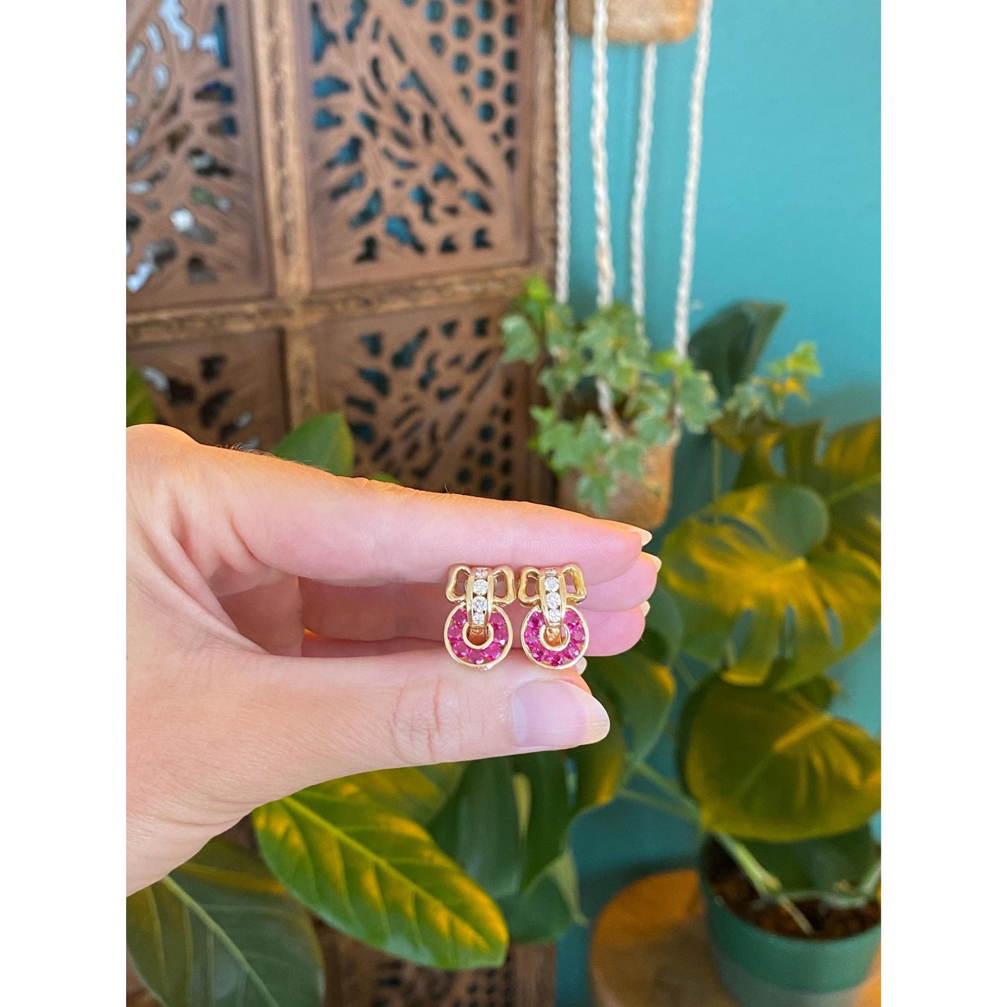 Solid 18k Yellow Gold Diamond Pink Sapphire Bow Earrings