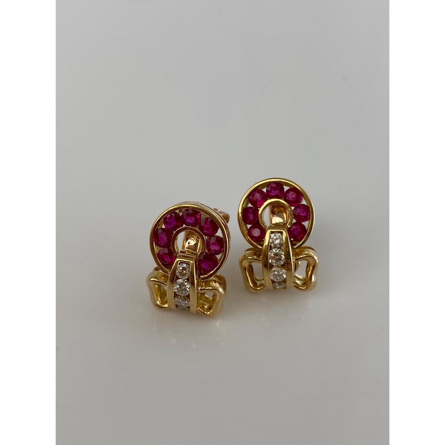 Solid 18k Yellow Gold Diamond Pink Sapphire Bow Earrings