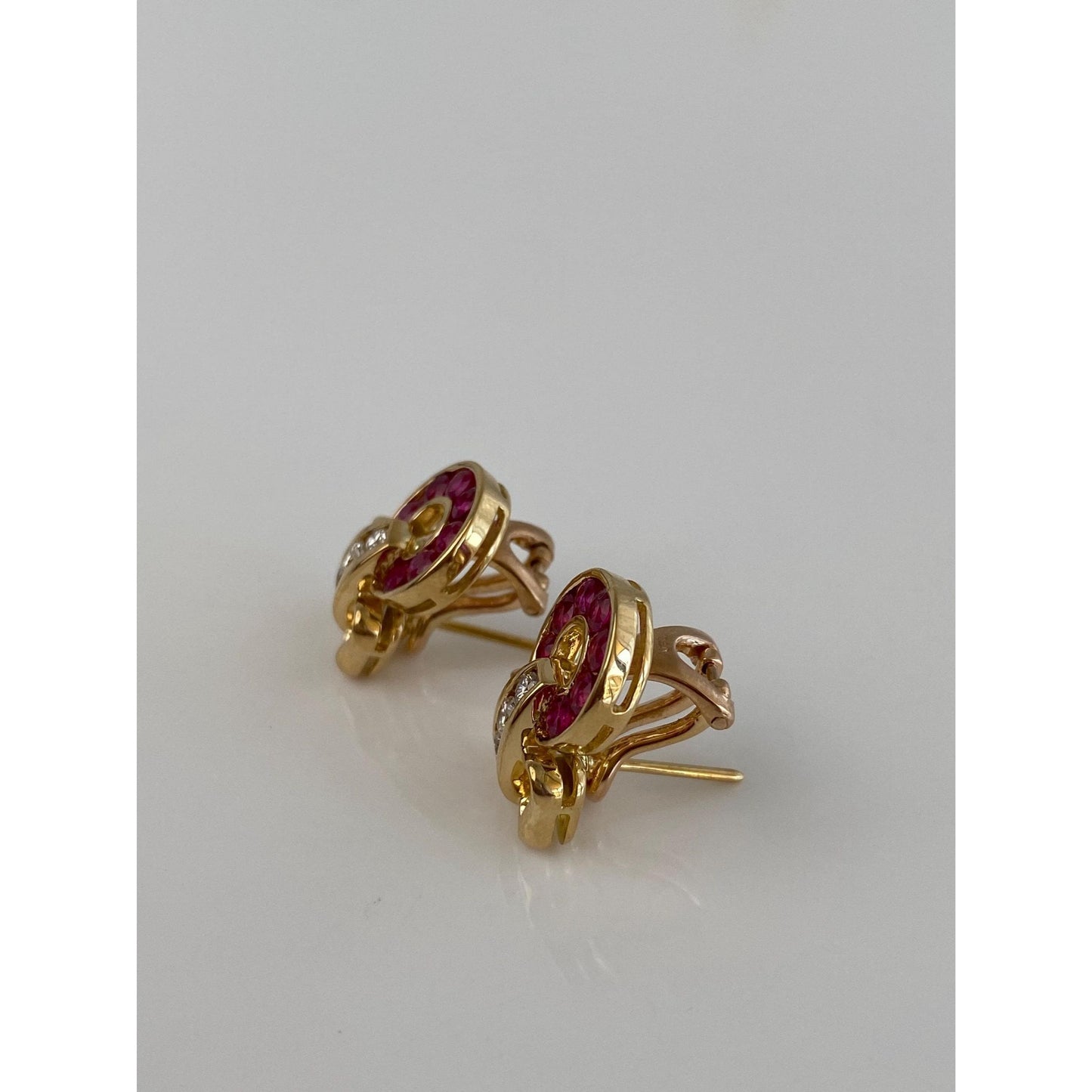 Solid 18k Yellow Gold Diamond Pink Sapphire Bow Earrings