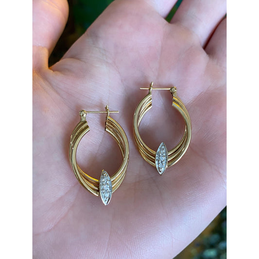 Vintage 14k Yellow & White Gold Diamond Oval Hoop Earrings