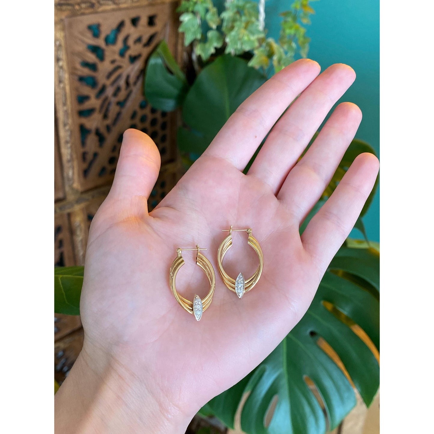 Vintage 14k Yellow & White Gold Diamond Oval Hoop Earrings