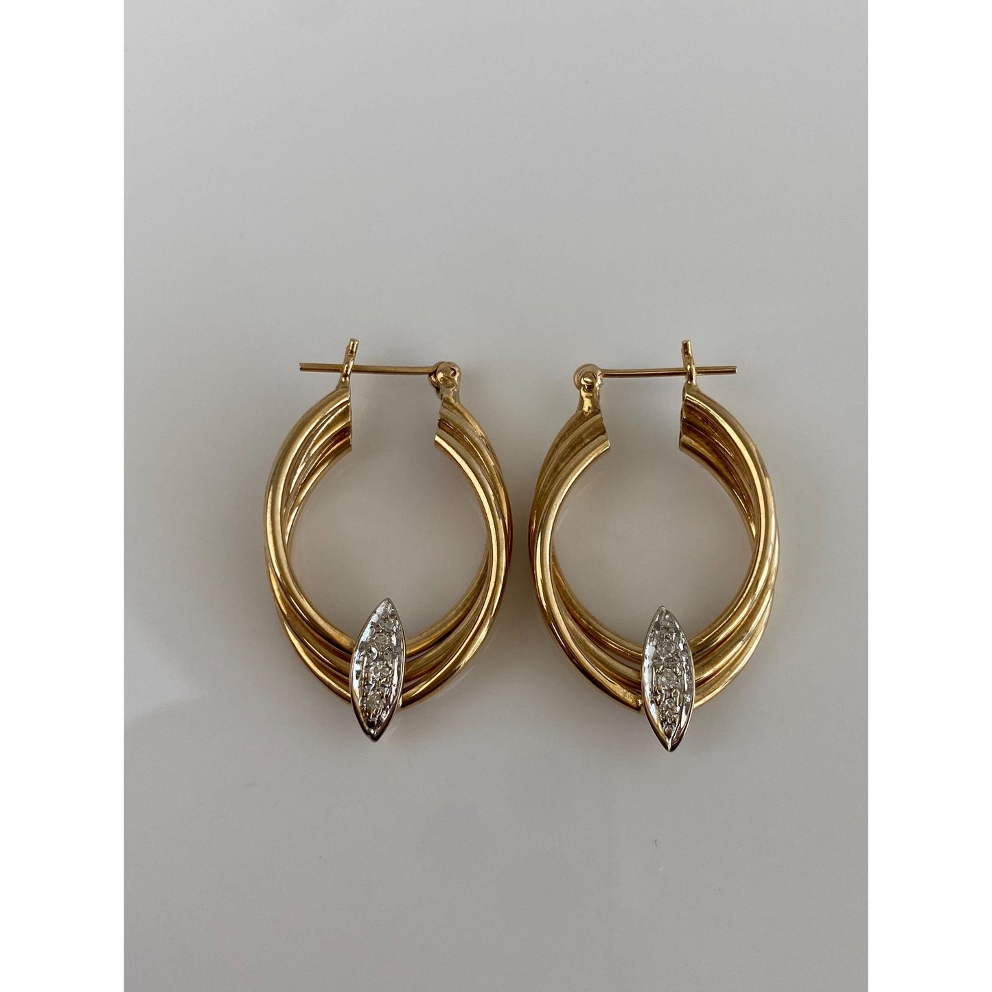 Vintage 14k Yellow & White Gold Diamond Oval Hoop Earrings