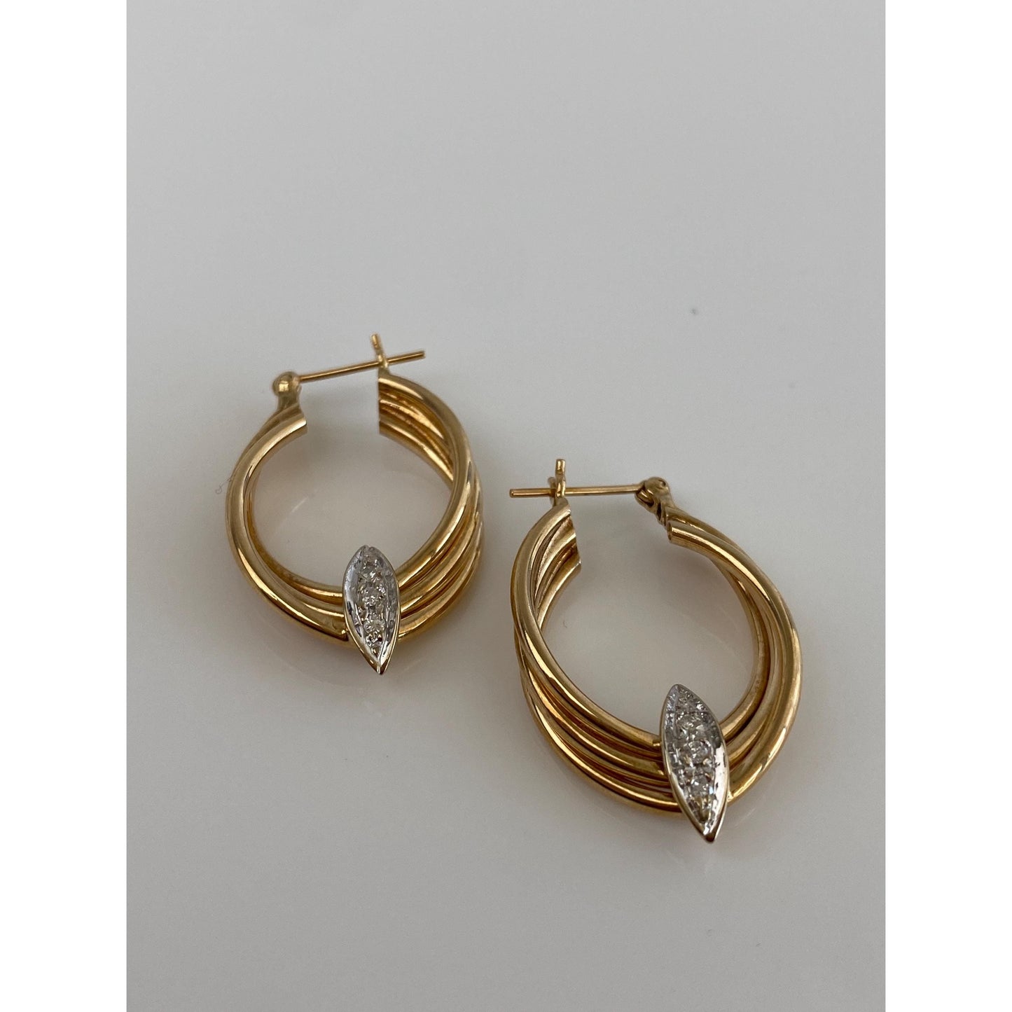 Vintage 14k Yellow & White Gold Diamond Oval Hoop Earrings