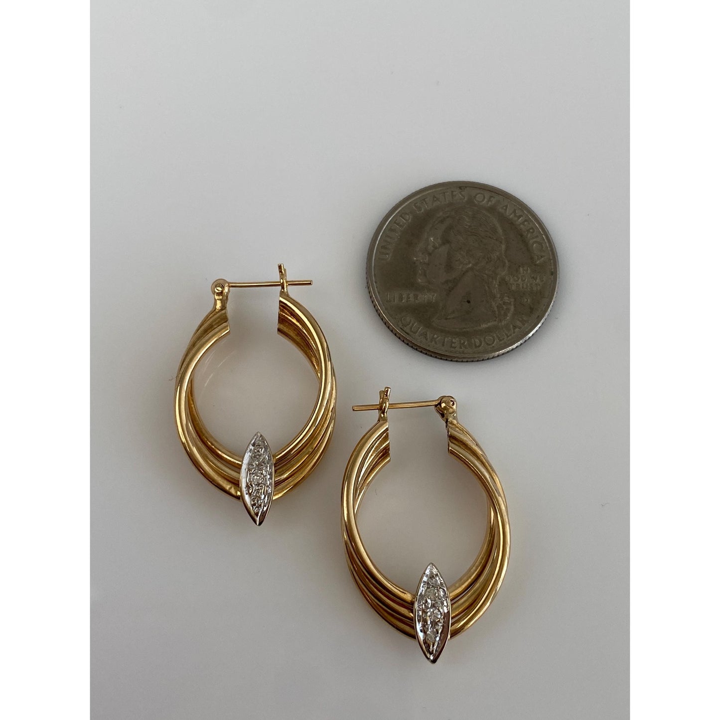 Vintage 14k Yellow & White Gold Diamond Oval Hoop Earrings