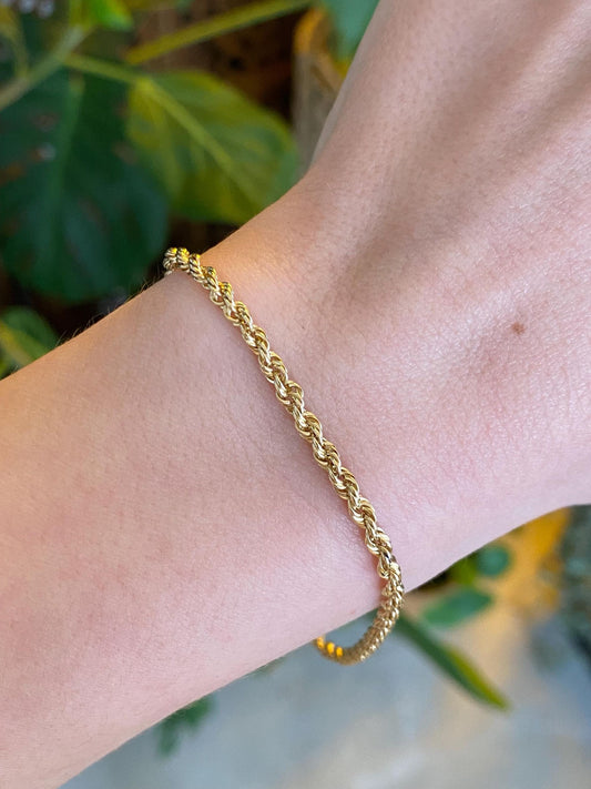 Vintage Solid 14k Yellow Gold Rope Chain Bracelet - 8 inches