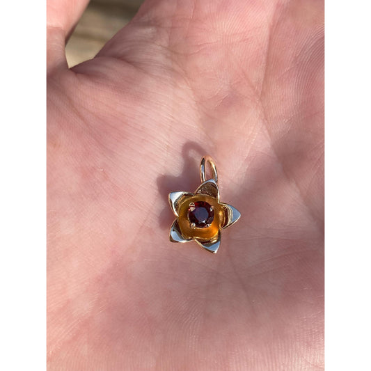 Vintage Solid 14k Yellow Gold Garnet Flower Charm