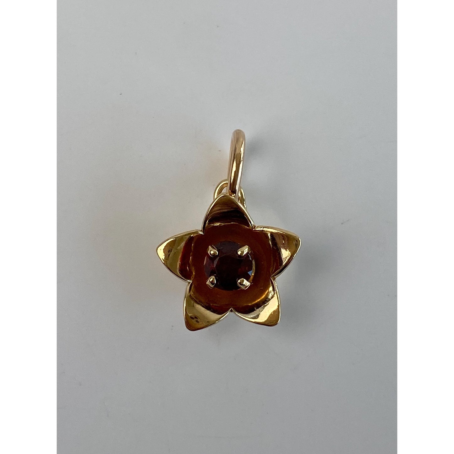 Vintage Solid 14k Yellow Gold Garnet Flower Charm