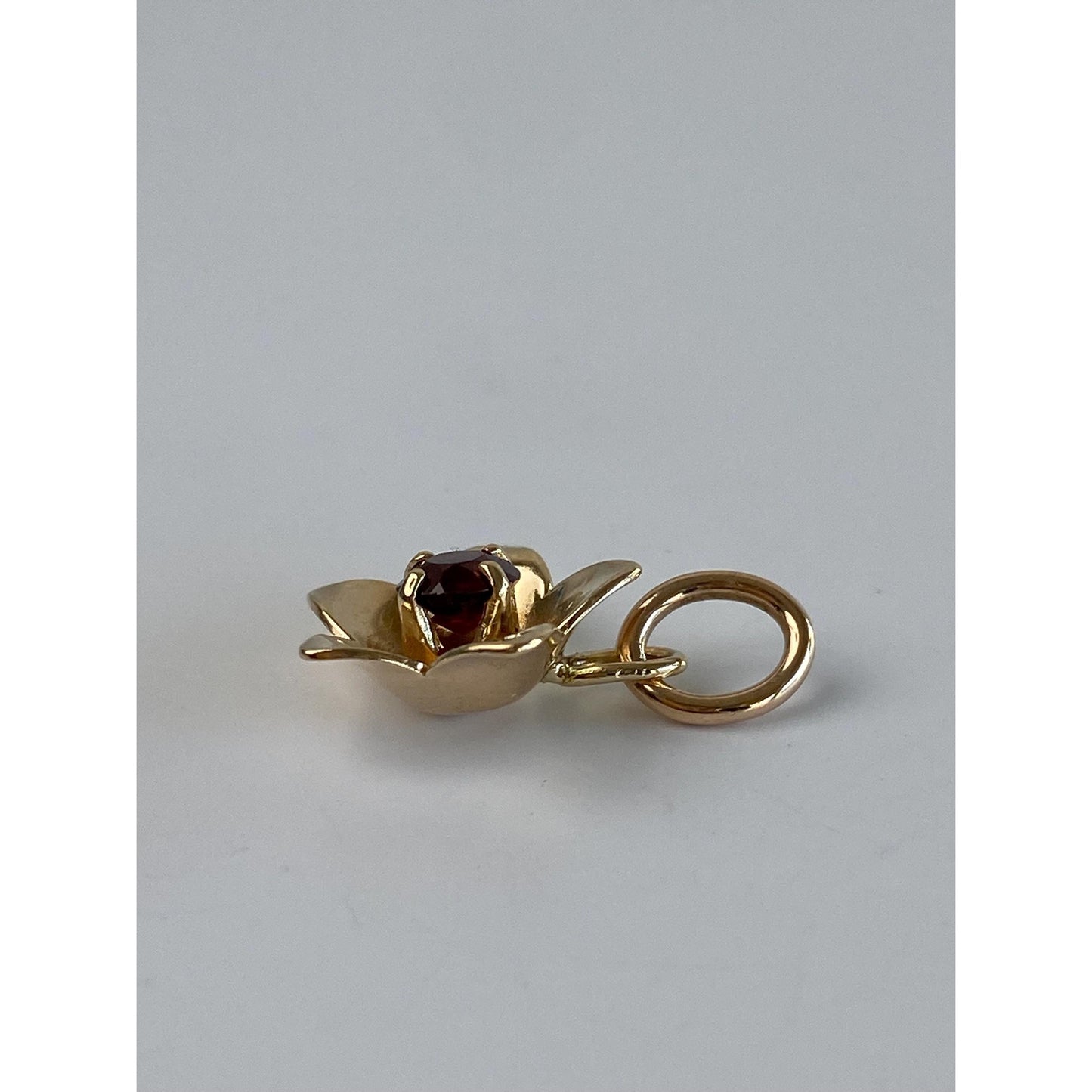 Vintage Solid 14k Yellow Gold Garnet Flower Charm