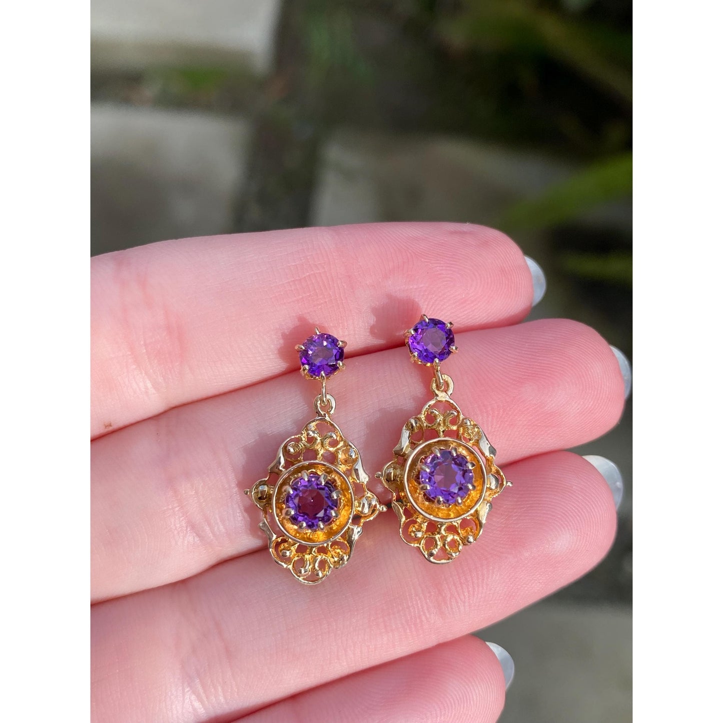 Vintage Solid 14k Yellow Gold Amethyst Ornate Dangle Stud Earrings