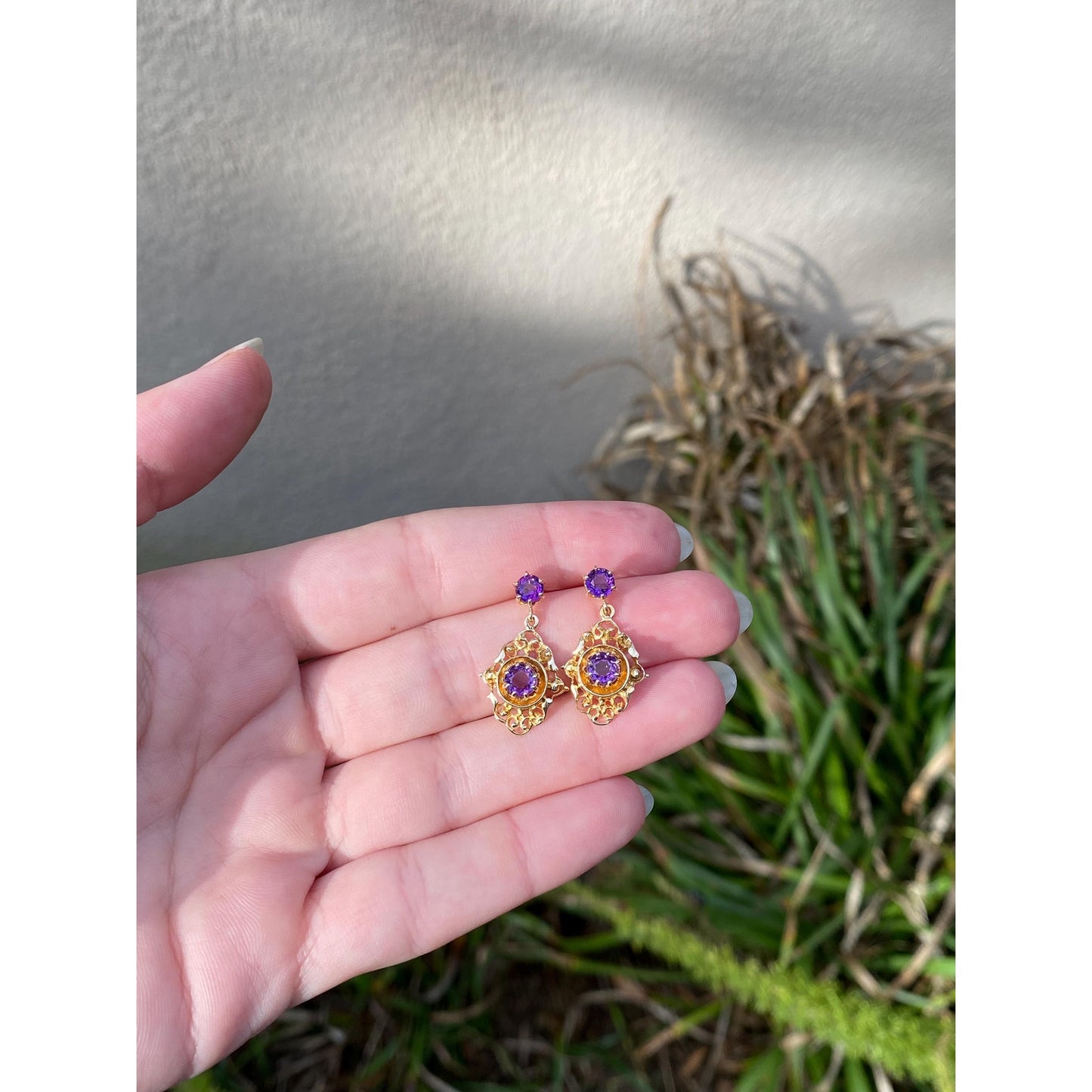 Vintage Solid 14k Yellow Gold Amethyst Ornate Dangle Stud Earrings