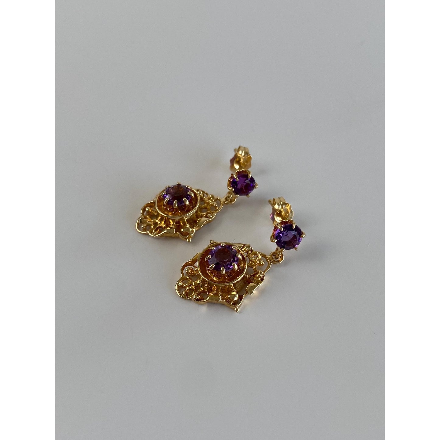 Vintage Solid 14k Yellow Gold Amethyst Ornate Dangle Stud Earrings