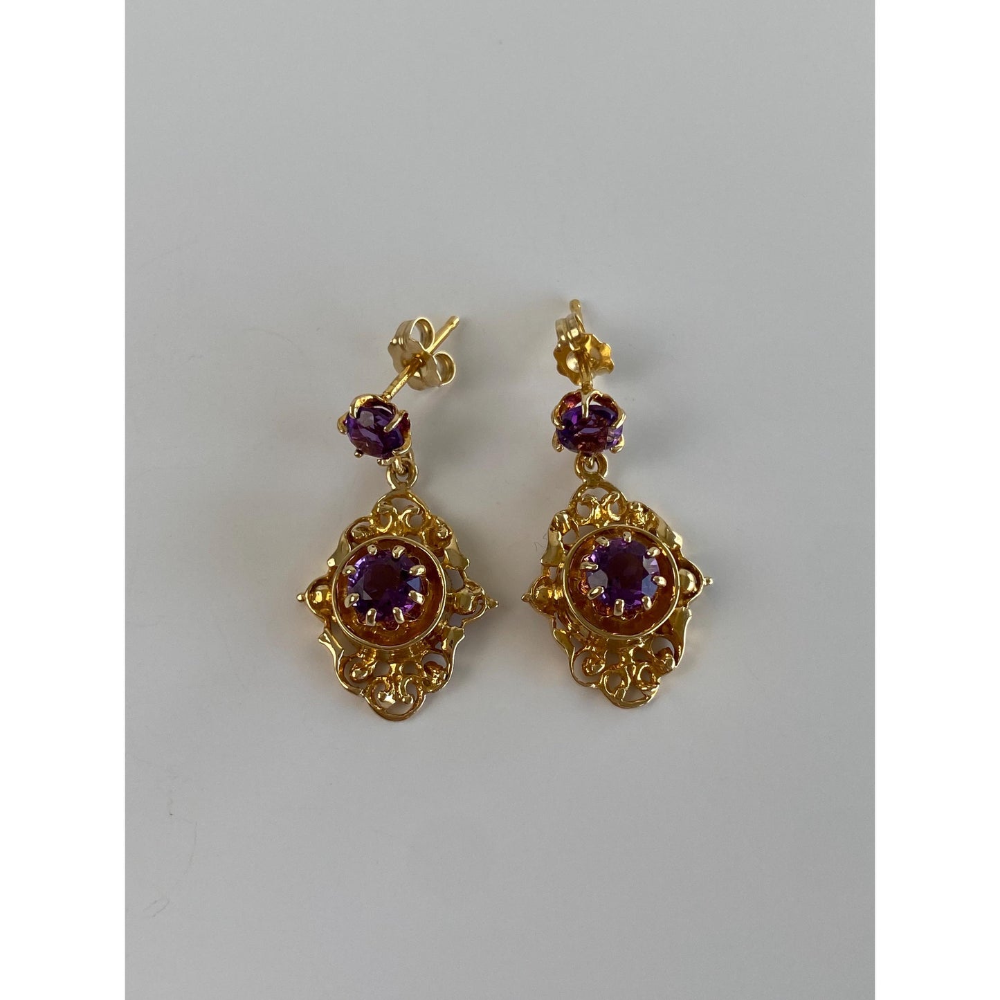 Vintage Solid 14k Yellow Gold Amethyst Ornate Dangle Stud Earrings