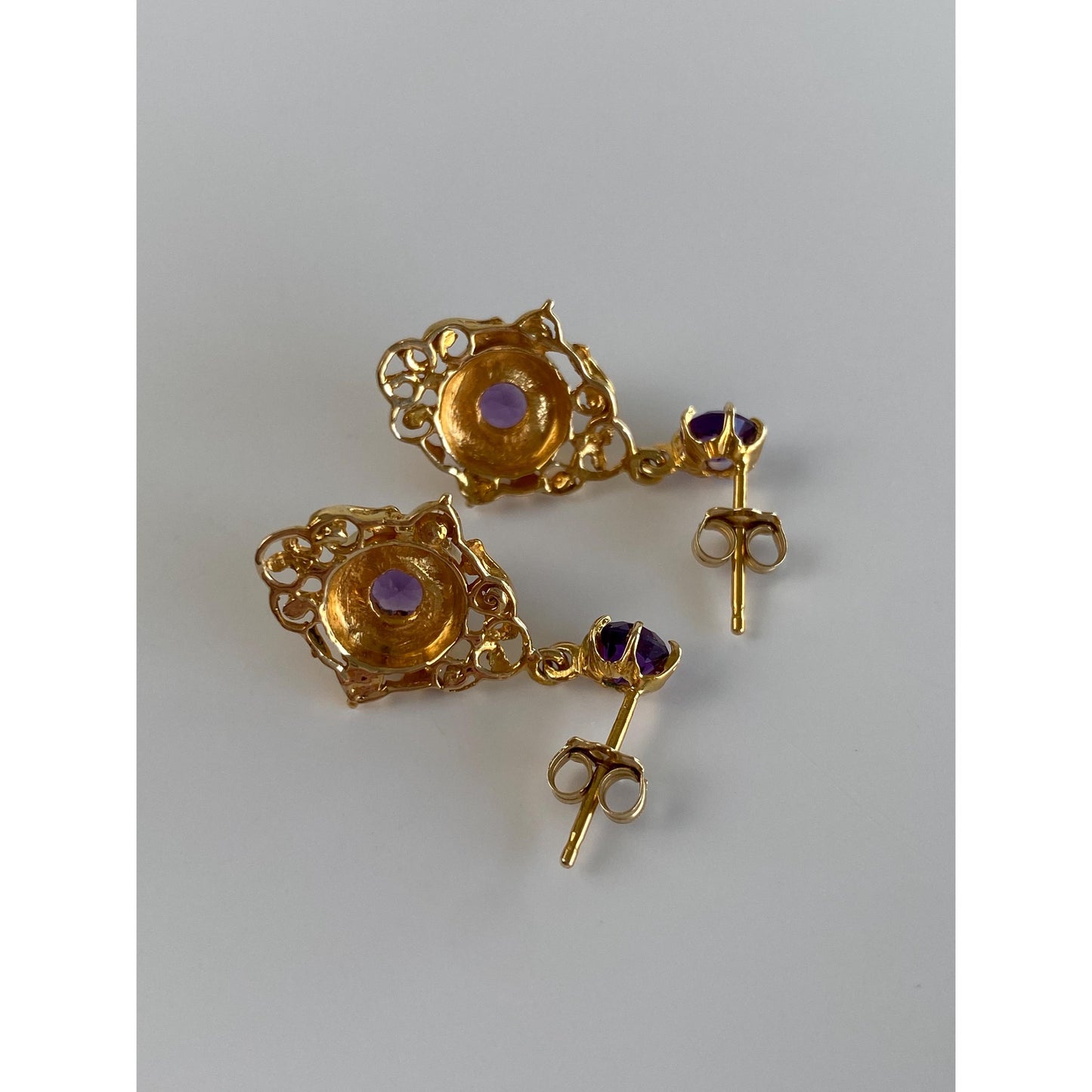 Vintage Solid 14k Yellow Gold Amethyst Ornate Dangle Stud Earrings