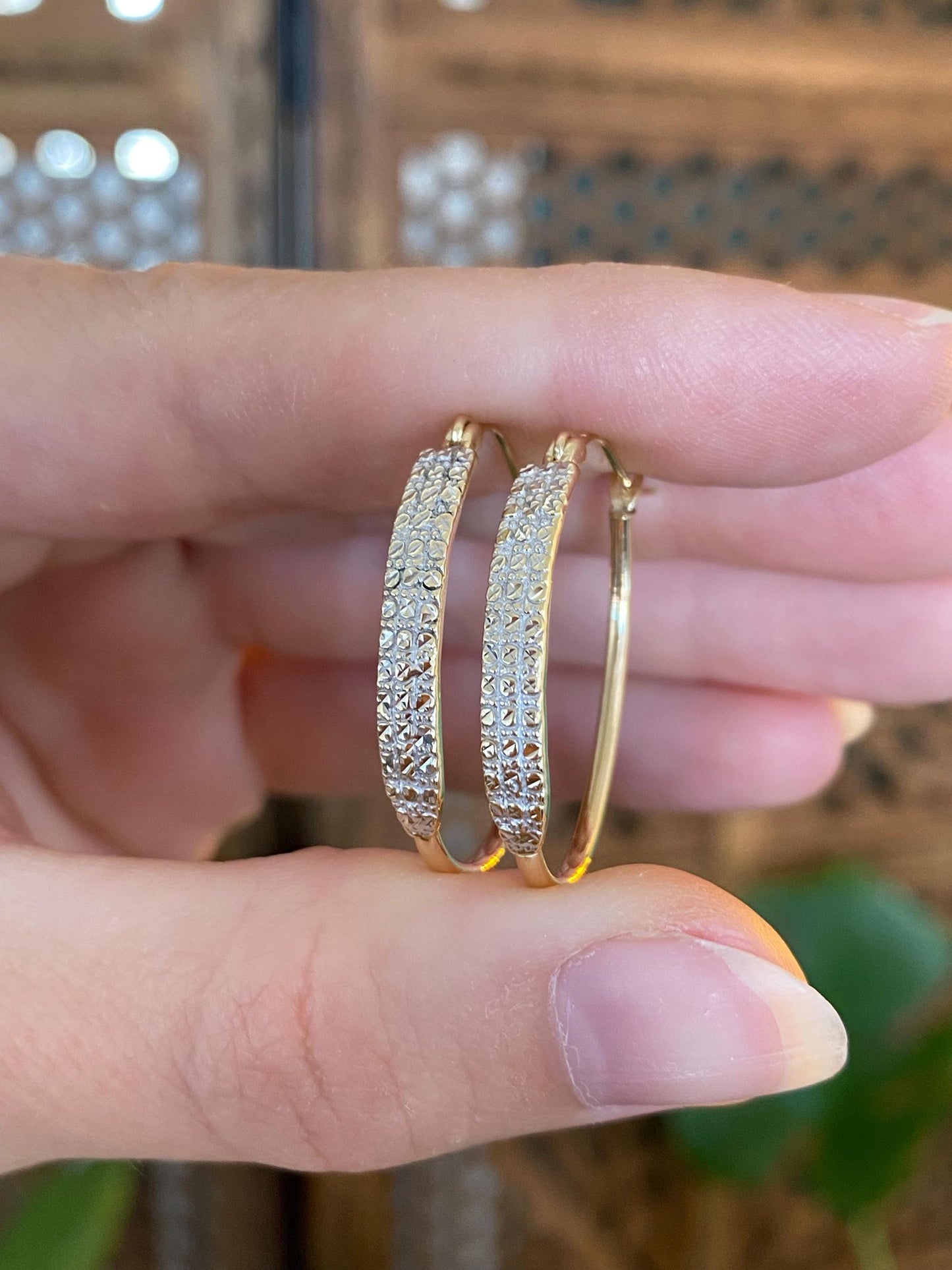 Vintage Solid 14k White & Yellow Gold Diamond Cut Hoop Earrings