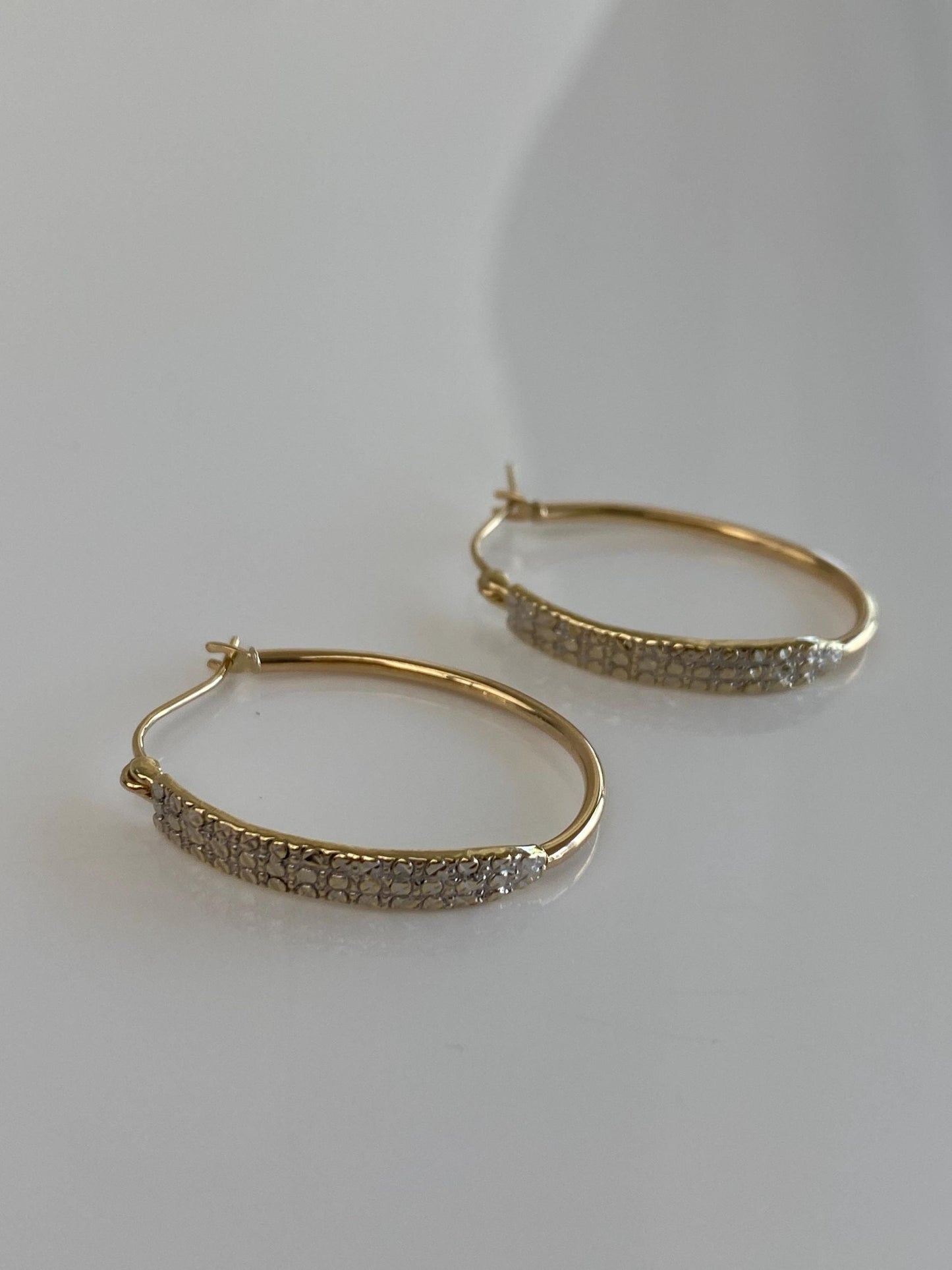 Vintage Solid 14k White & Yellow Gold Diamond Cut Hoop Earrings