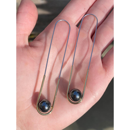 Vintage Solid 18k Yellow Gold & Stainless Steel Hematite Long Oval Hoop Earrings